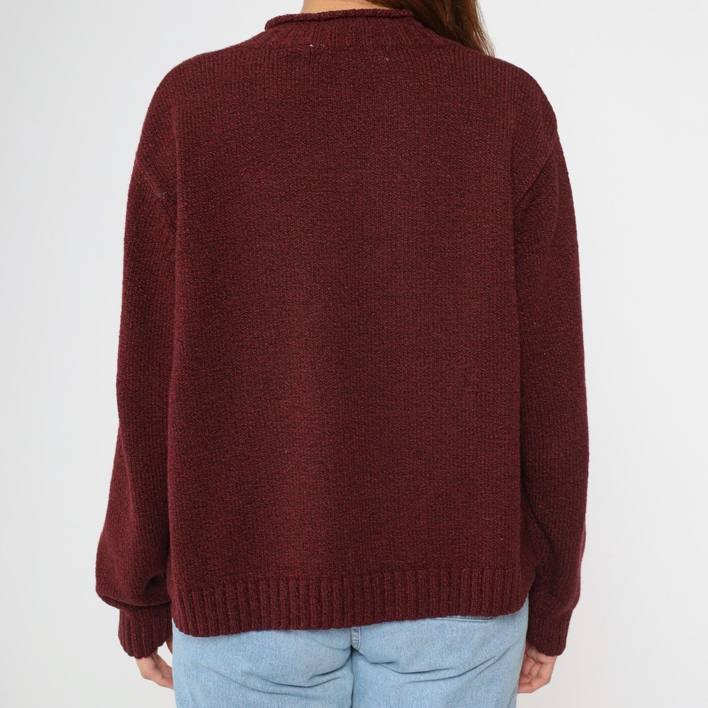 90s Burgundy V-Neck Knit Sweater Pullover Medium M