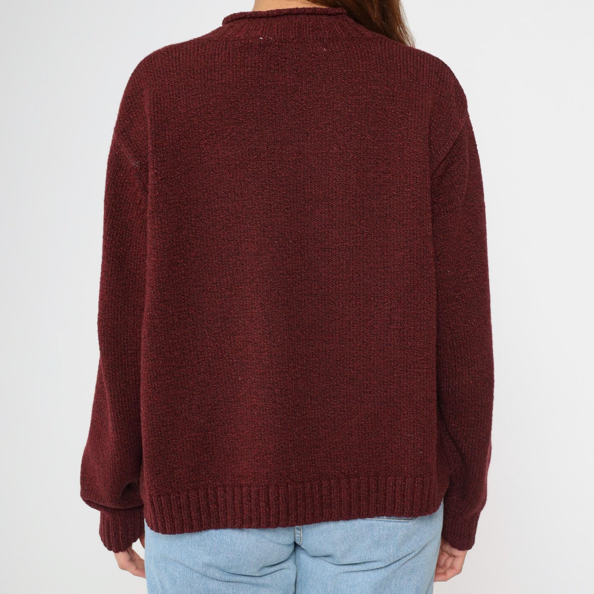 90s Burgundy V-Neck Knit Sweater Pullover Medium M