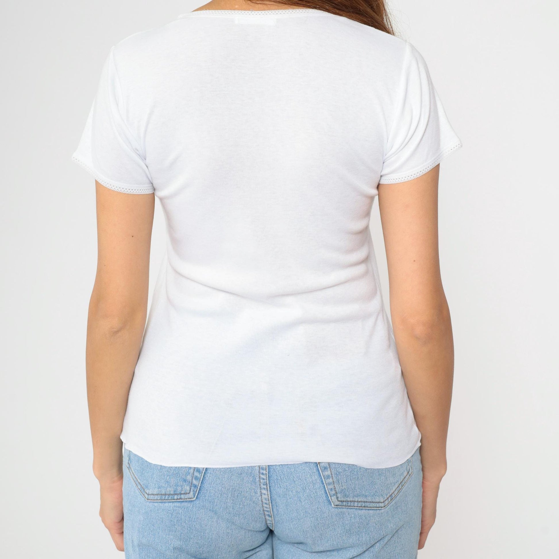 Y2K White Lace Trim V-Neck Baby Tee Fitted Cotton Blend Medium M