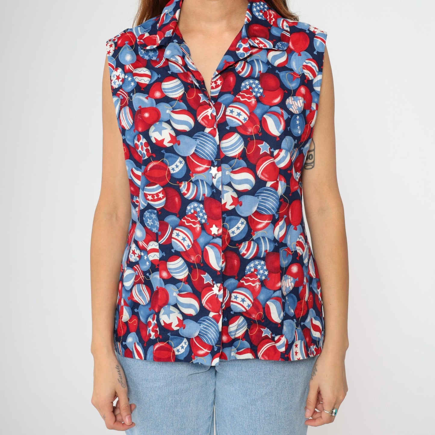 90s Patriotic Balloon Print Sleeveless Button-Up Shirt Red White Blue Large L