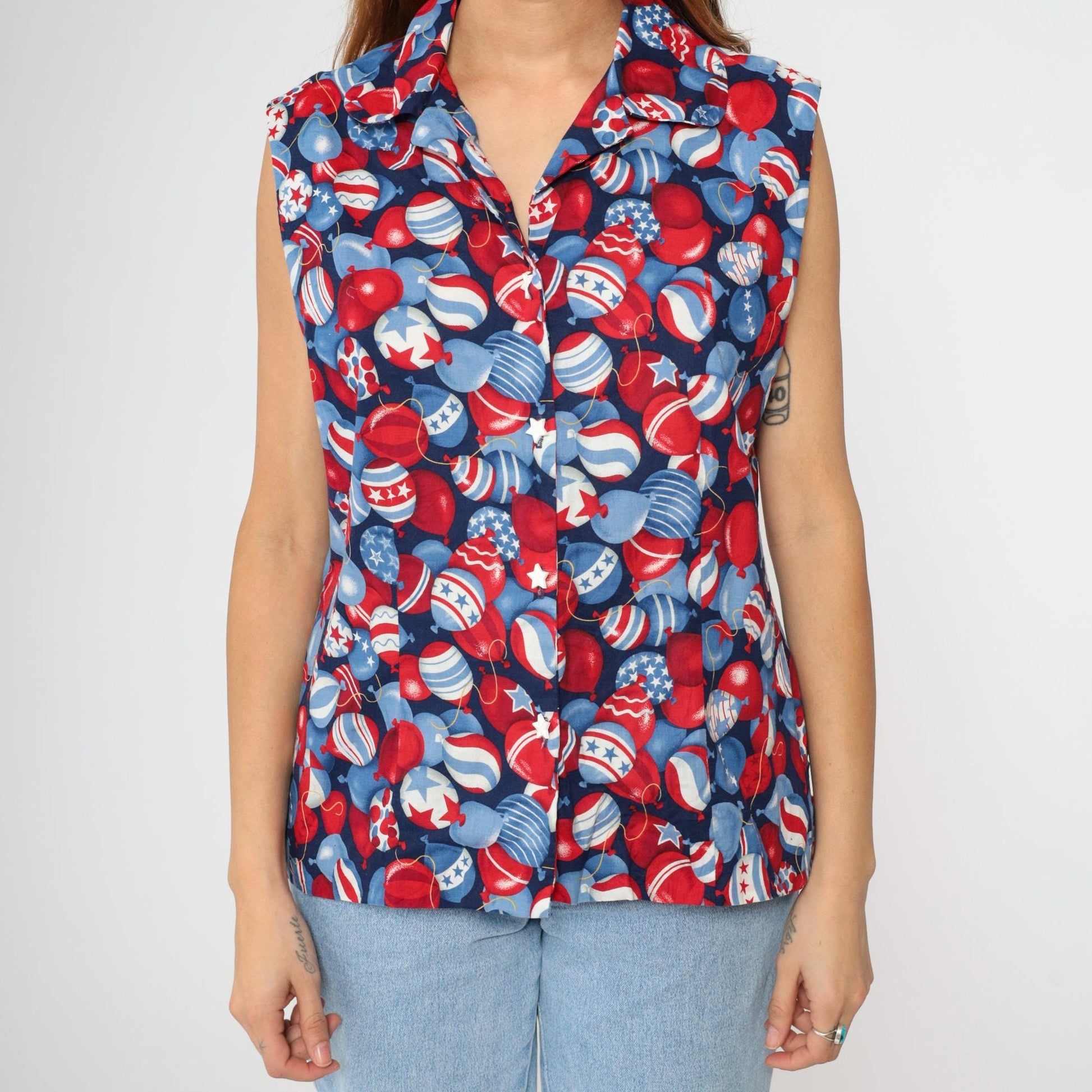 90s Patriotic Balloon Print Sleeveless Button-Up Shirt Red White Blue Large L