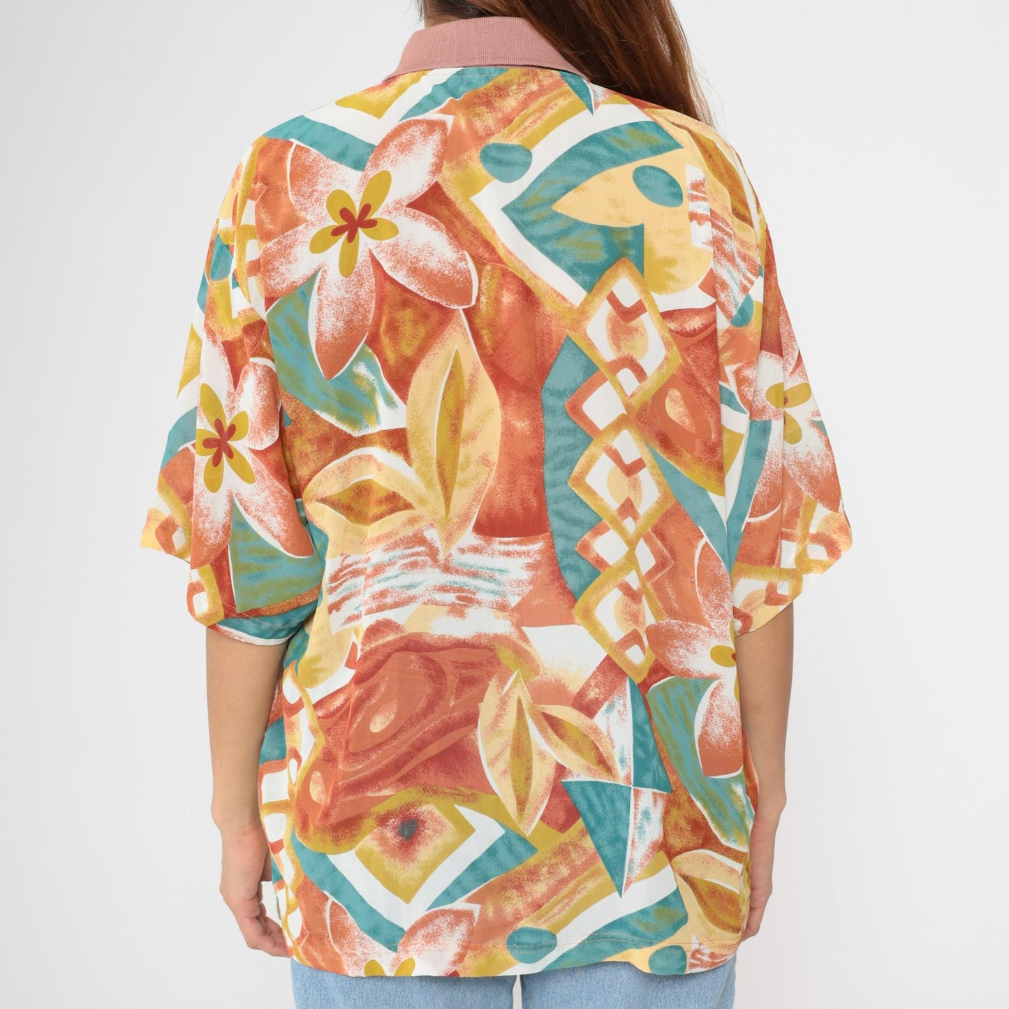 Y2K Tropical Floral Polo Shirt Multicolor Abstract Print Orange Large