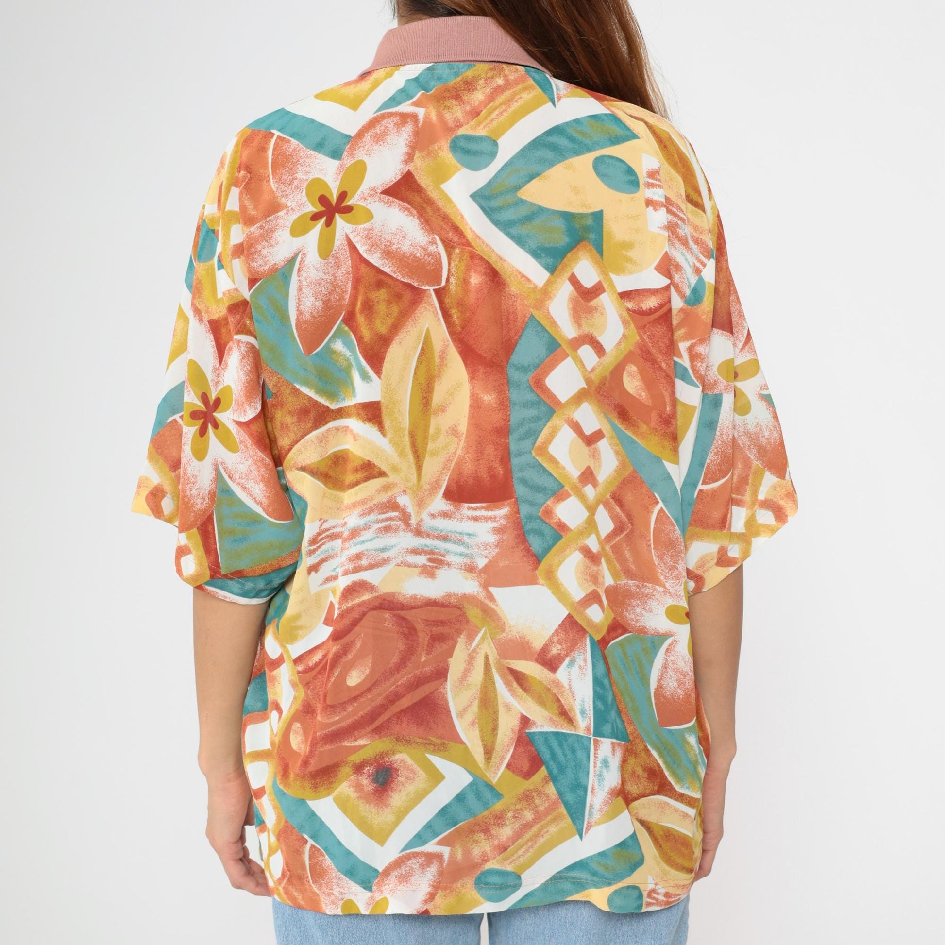 Y2K Tropical Floral Polo Shirt Multicolor Abstract Print Orange Large