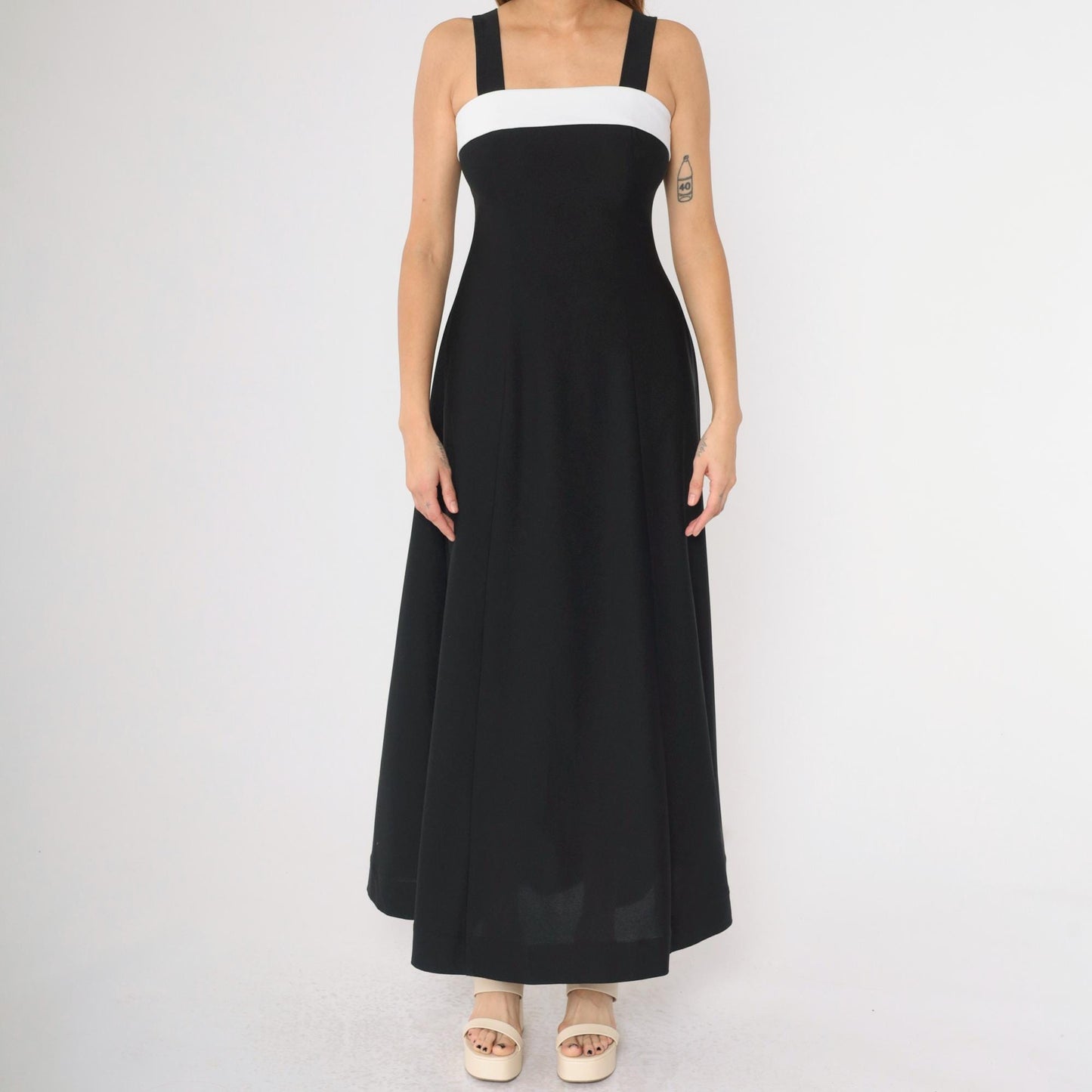 Y2K Black Maxi Dress White Chest Panel Square Neck Sleeveless Small 4