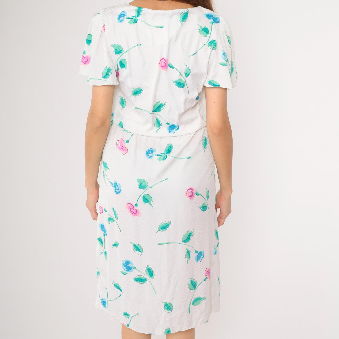 1970s Floral Checkered Jacquard Midi Dress White Flutter Sleeve Blouson Small