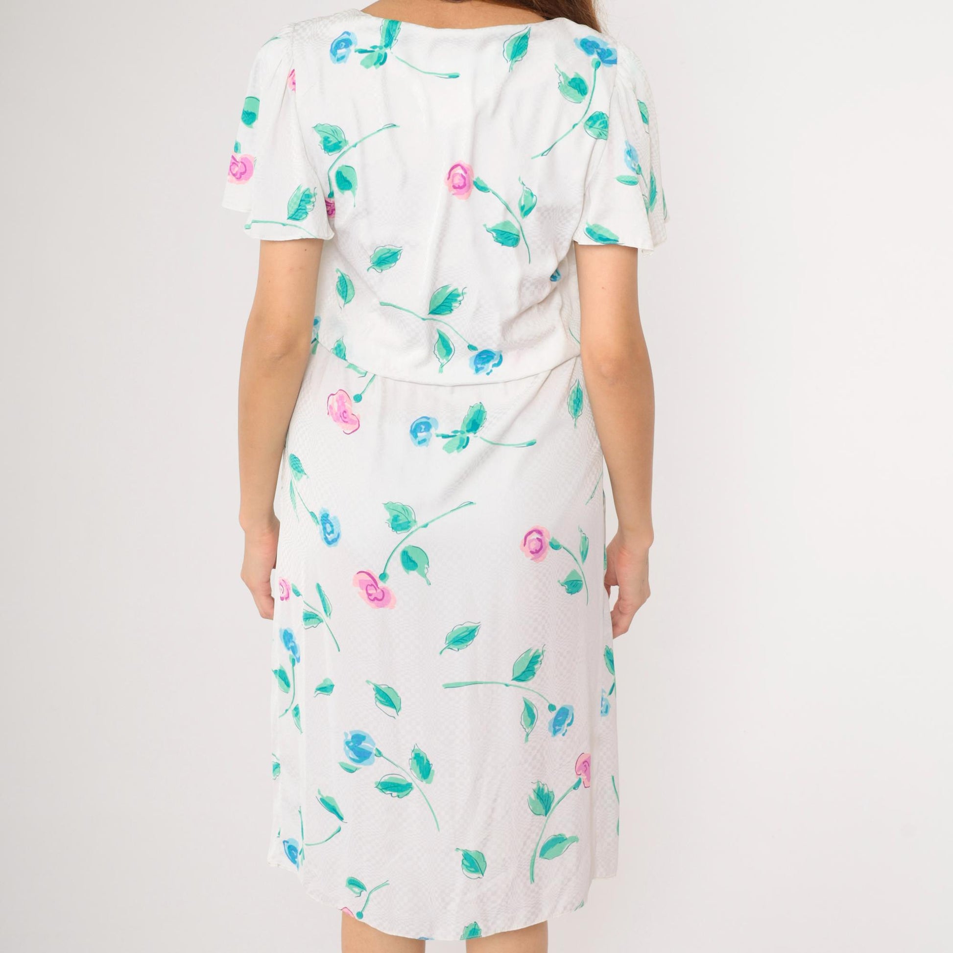 1970s Floral Checkered Jacquard Midi Dress White Flutter Sleeve Blouson Small