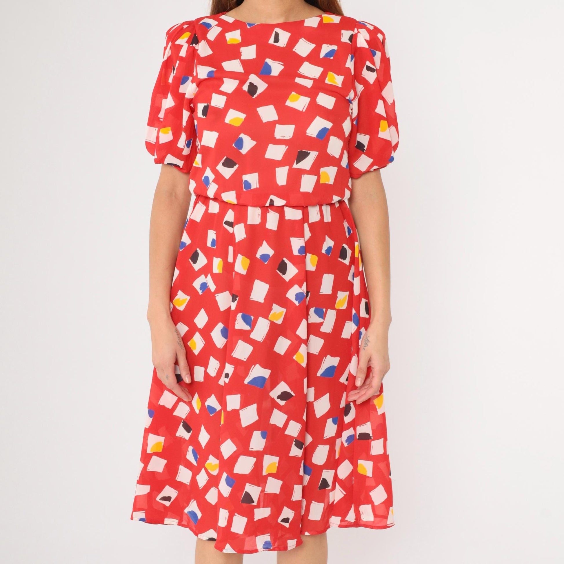 80s L Rothschild Red Abstract Geometric Midi Dress Puff Sleeve Medium