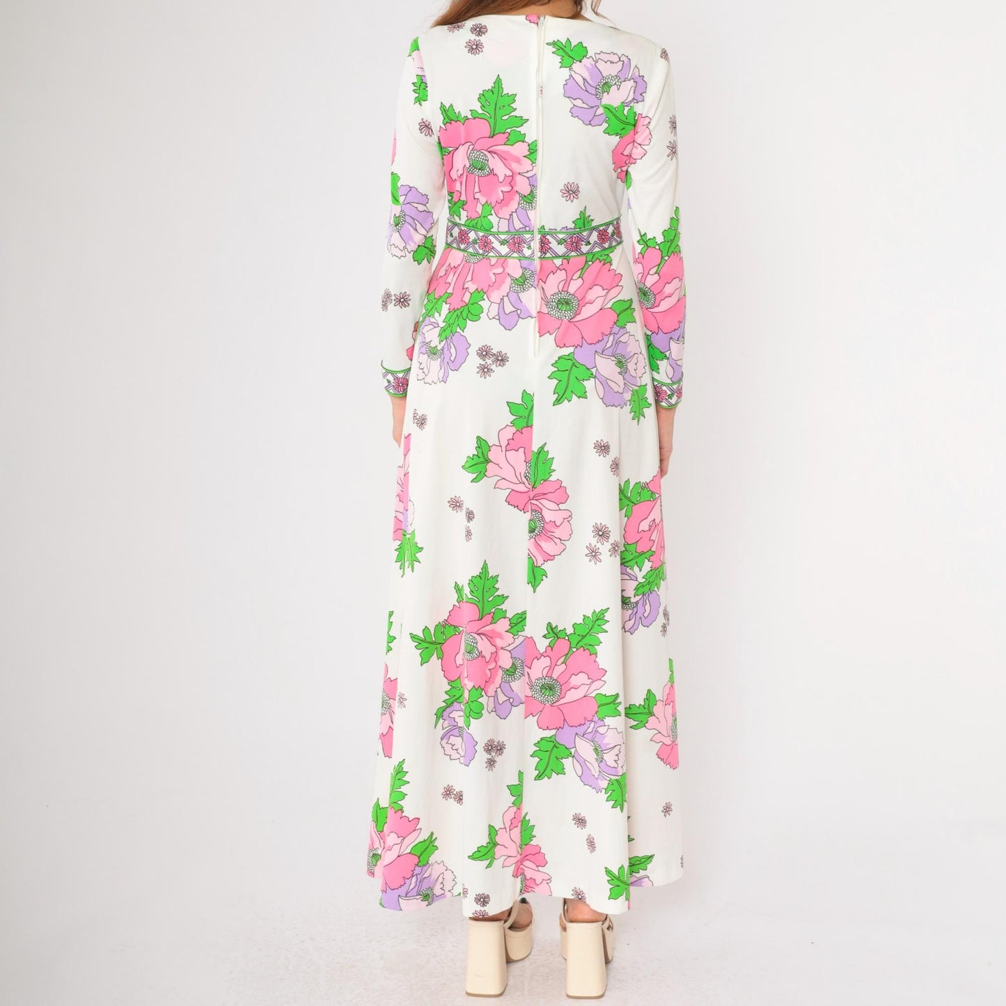 70s Floral Maxi Dress White Pink Purple Green V-Neck Long Sleeve Medium M