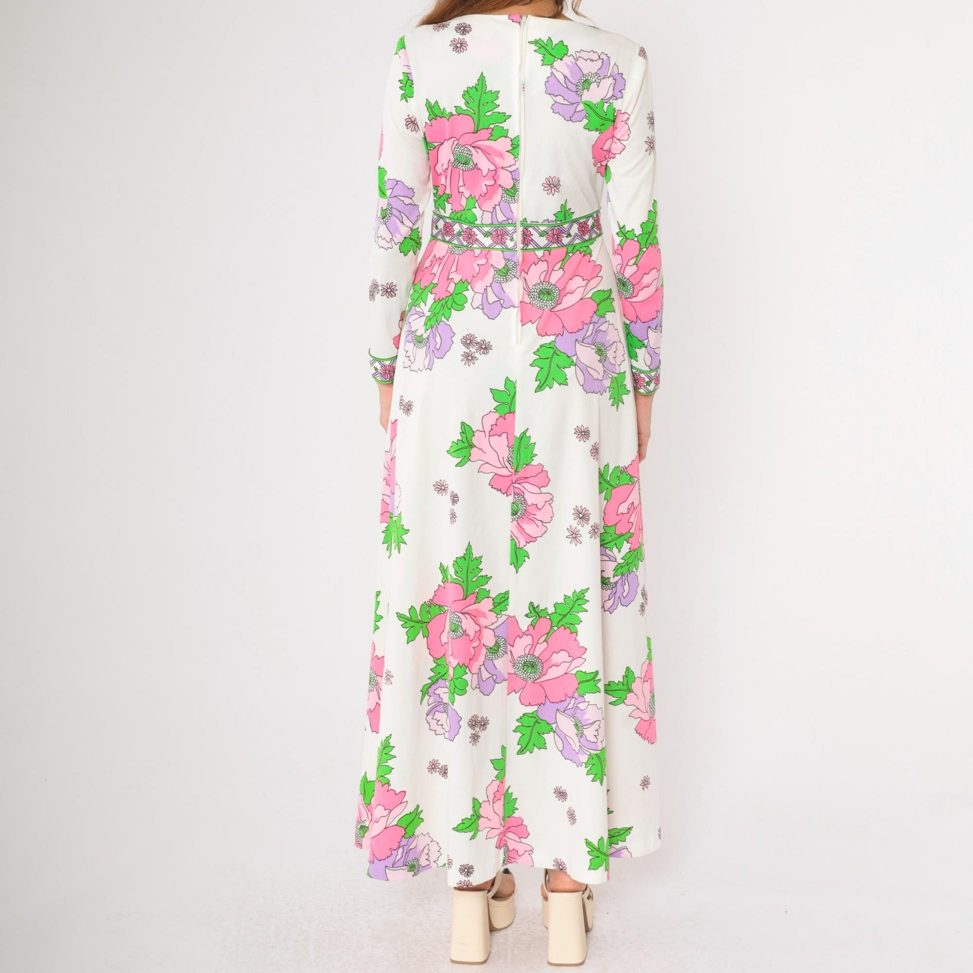 70s Floral Maxi Dress White Pink Purple Green V-Neck Long Sleeve Medium M