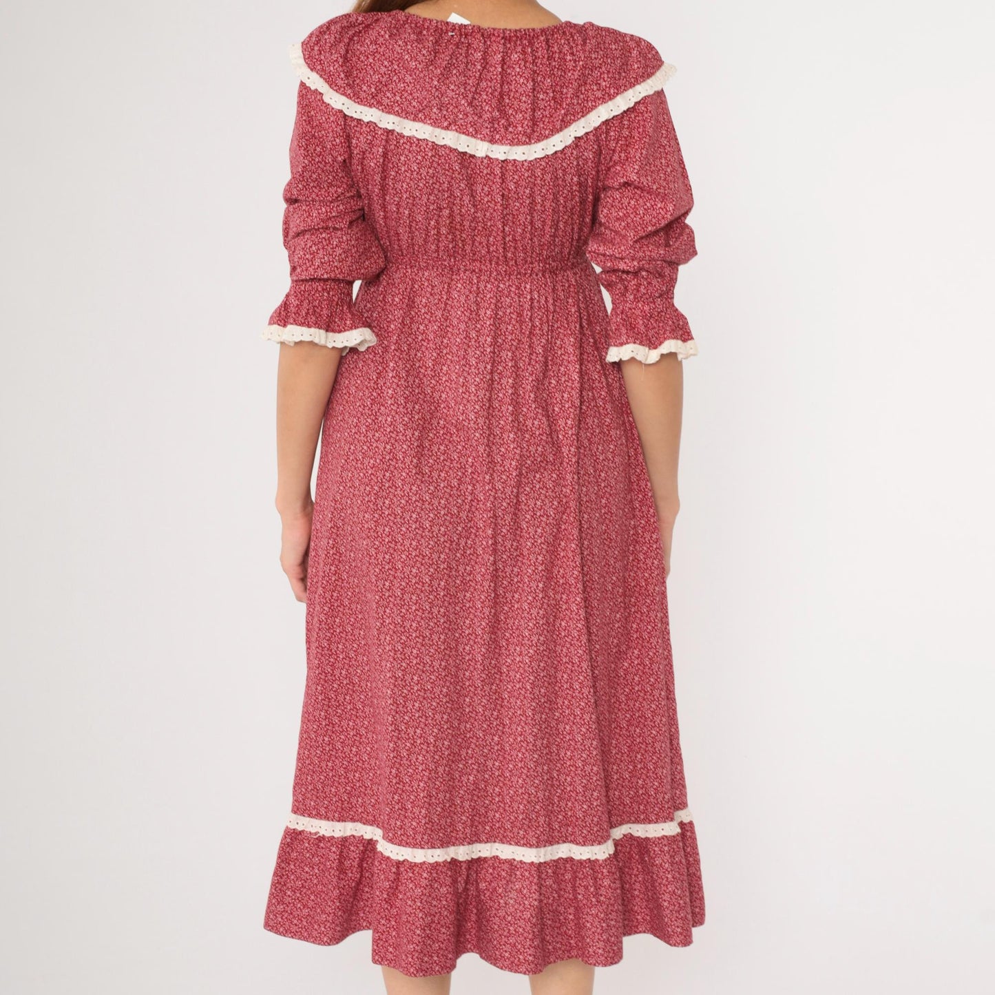 70s Burgundy Calico Floral Peasant Dress Empire Waist Midi Lace Small