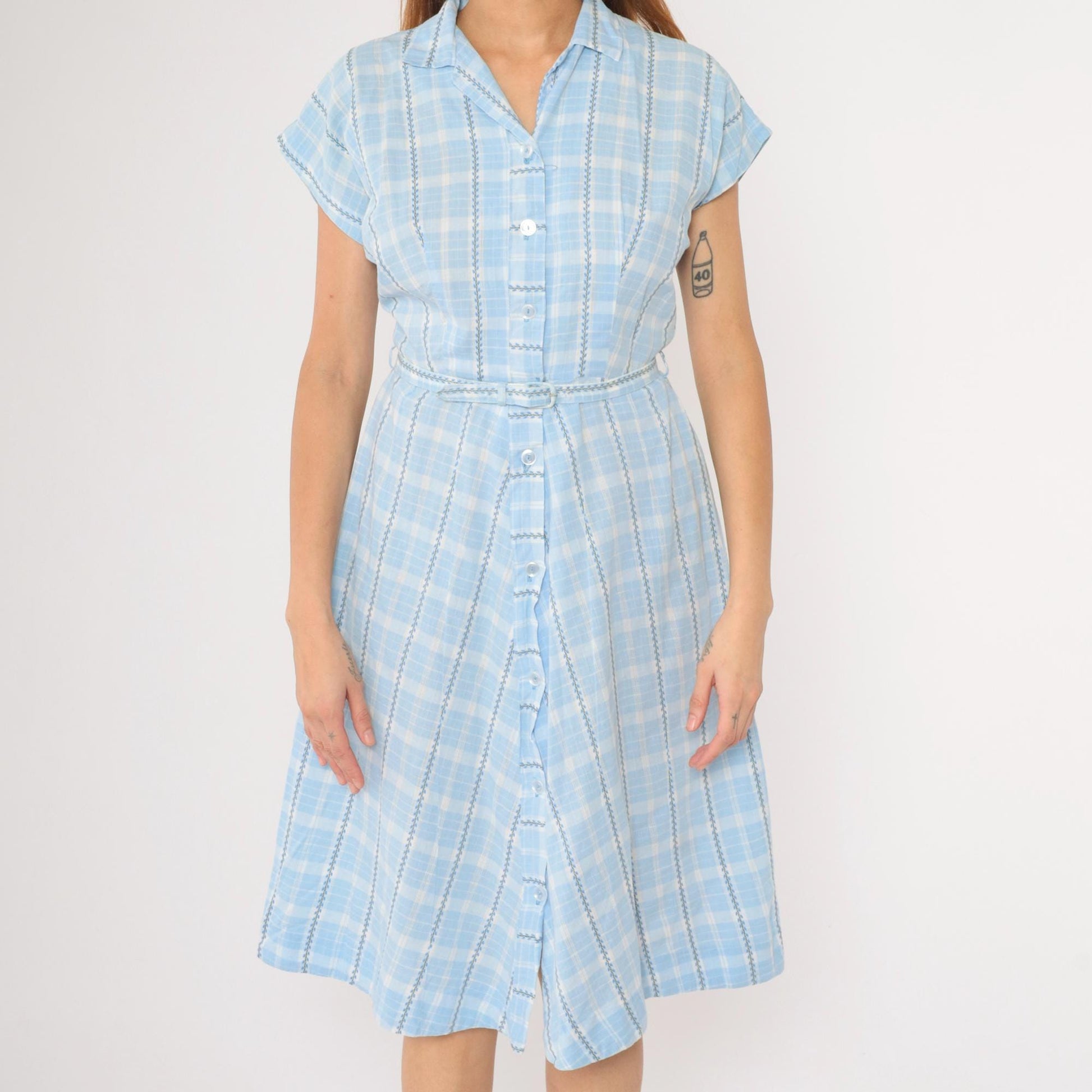 60s Brentwood Frocks Light Blue Plaid Shirtdress High Waist Button Front Small