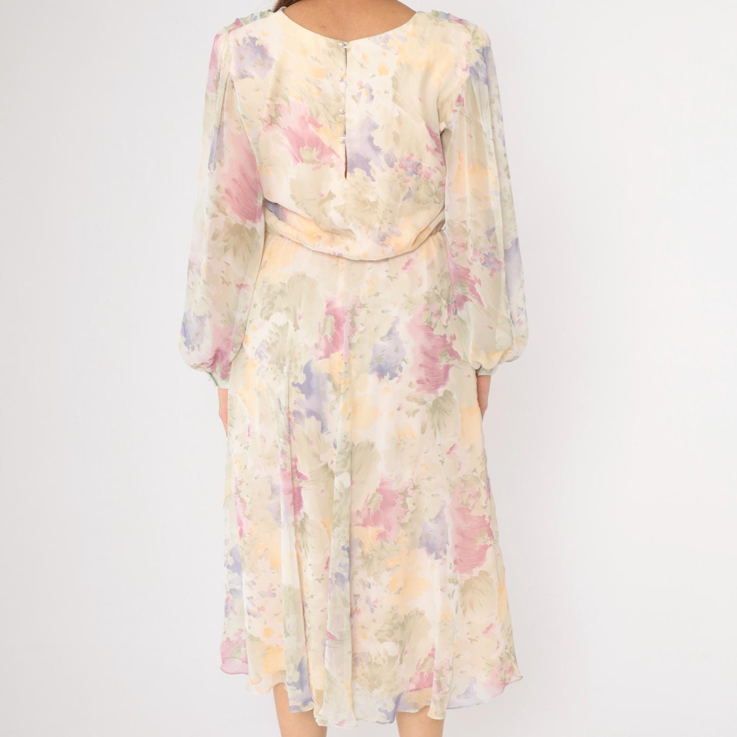 80s Ursula Pastel Watercolor Floral Chiffon Midi Dress Cowl Neck Medium