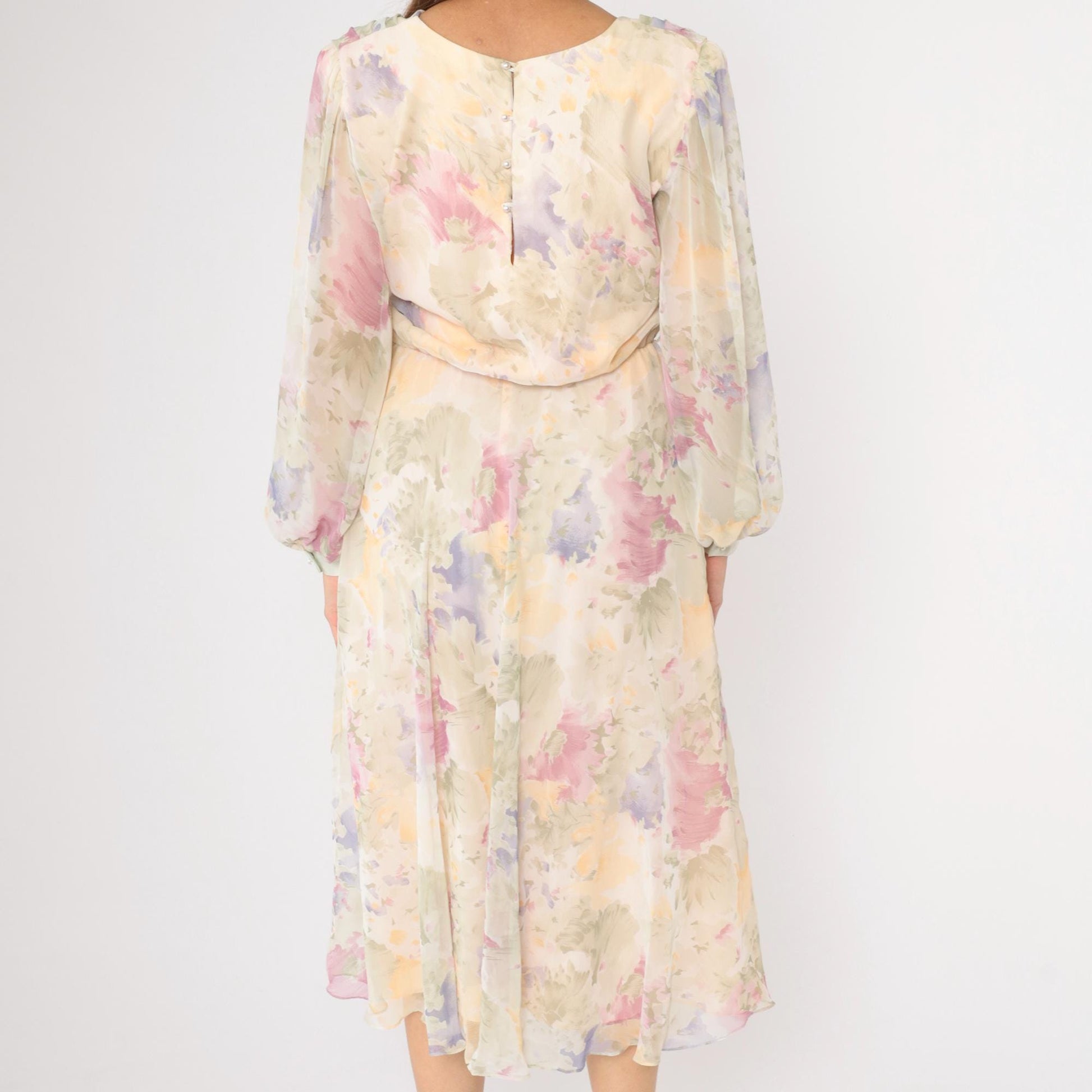 80s Ursula Pastel Watercolor Floral Chiffon Midi Dress Cowl Neck Medium