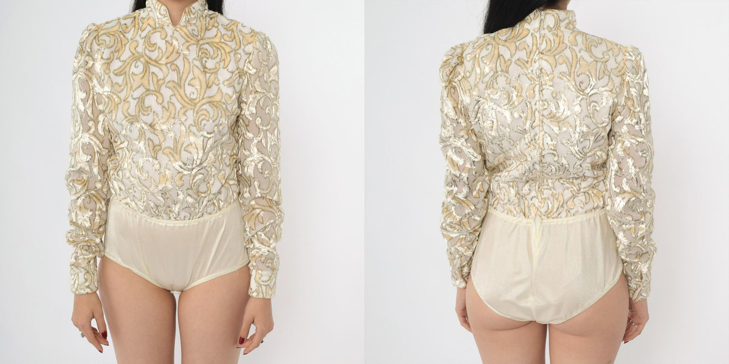80s Metallic Velvet Burnout Bodysuit Ivory Gold Mandarin Collar Long Sleeve Extra Small