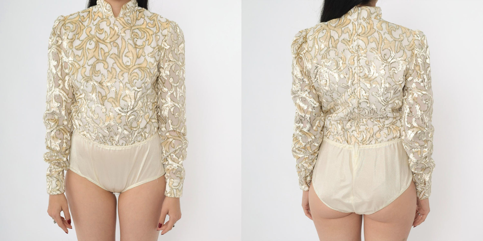 80s Metallic Velvet Burnout Bodysuit Ivory Gold Mandarin Collar Long Sleeve Extra Small