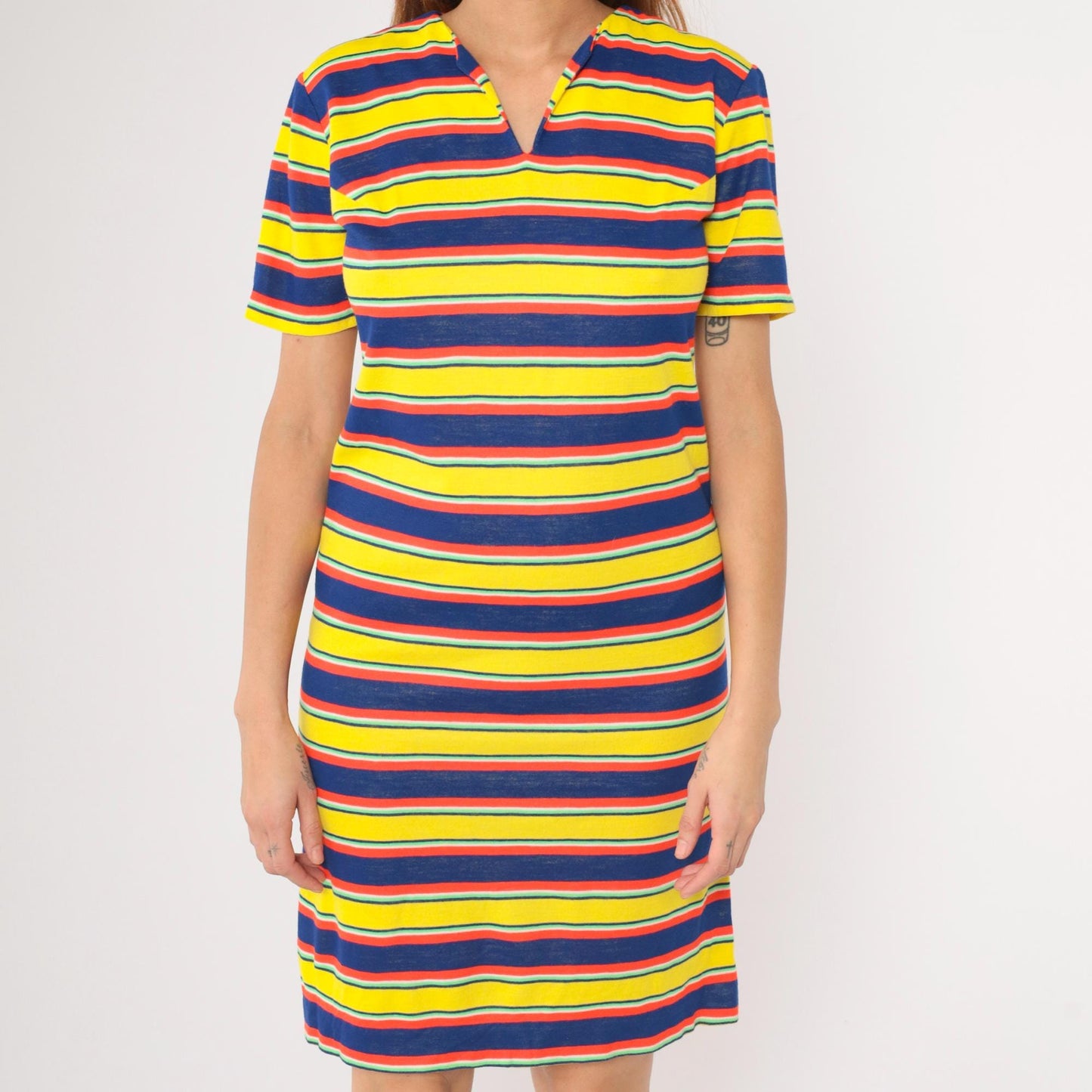70s Striped Knit Mini Dress Yellow Navy Red Notched Neck Small Medium
