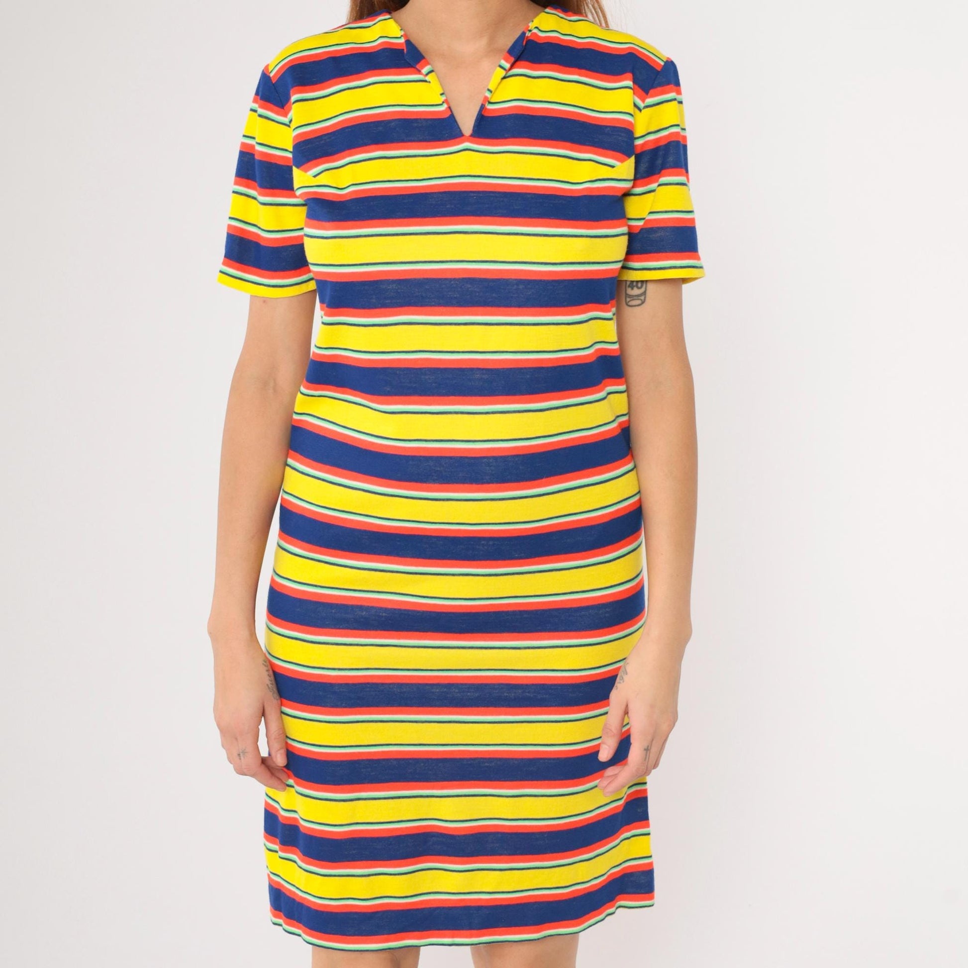 70s Striped Knit Mini Dress Yellow Navy Red Notched Neck Small Medium