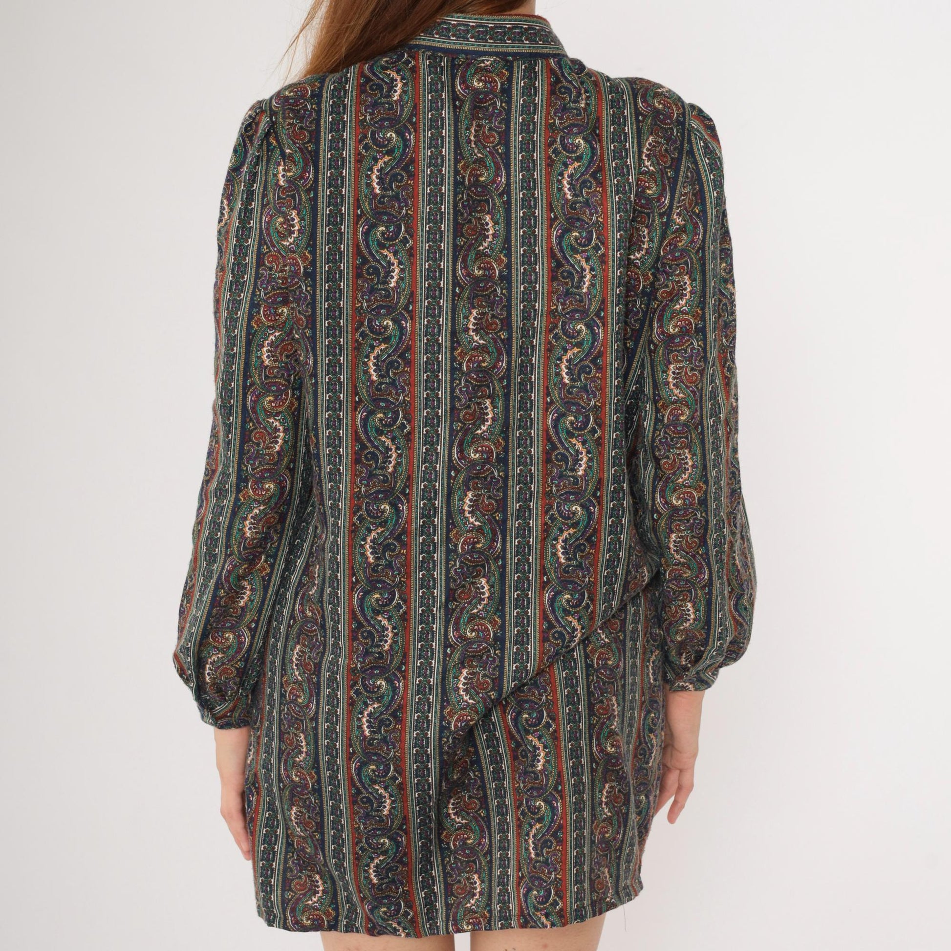 80s Paisley Striped Mini Dress Puff Sleeve Button-Up Shirtdress Medium Large
