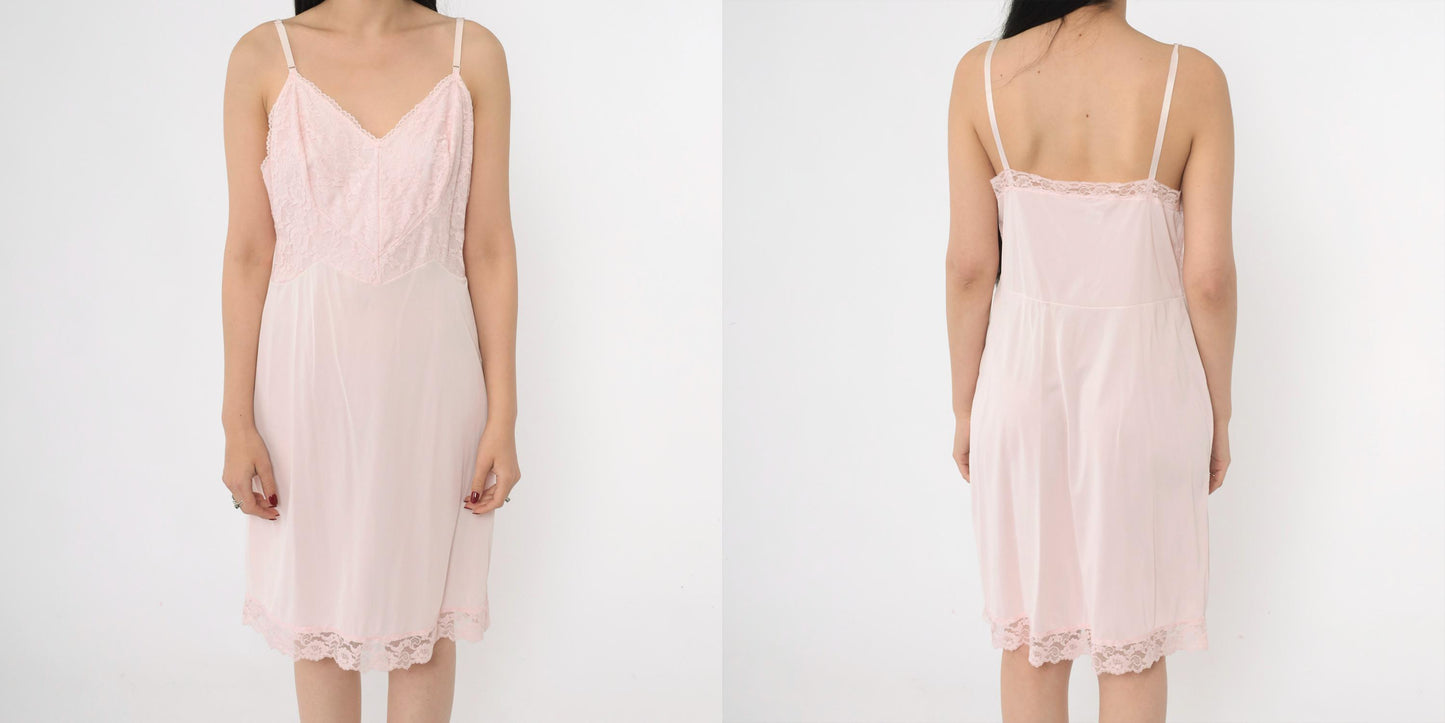 70s Pink Lace Slip Dress V-Neck Spaghetti Straps Mini Nightgown Medium