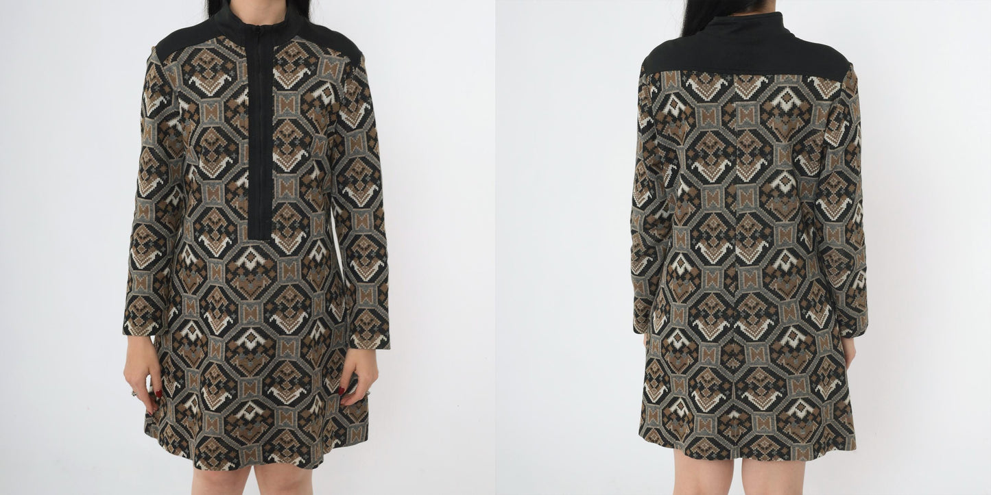 70s Mod Shift Dress Geometric Print Mock Neck Mini Black Brown Medium