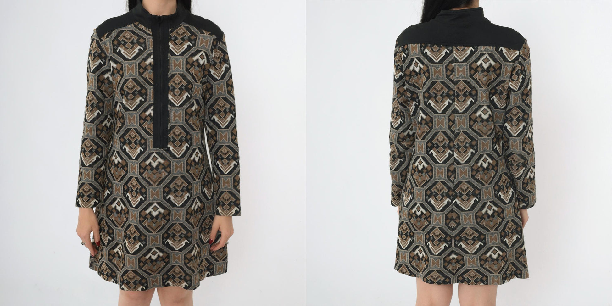 70s Mod Shift Dress Geometric Print Mock Neck Mini Black Brown Medium