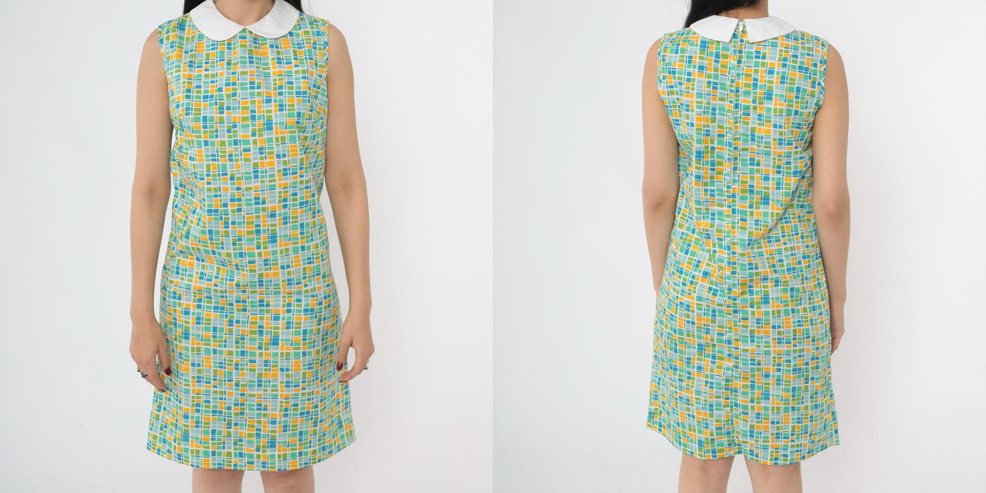 60s Mod Geometric Mini Dress Peter Pan Collar Sleeveless Green Blue Small