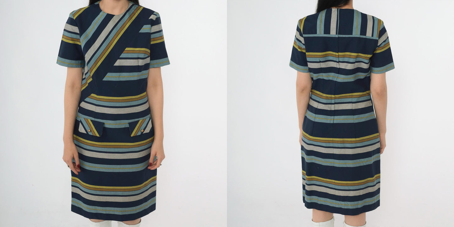 60s Striped Shift Dress Navy Blue Green Grey Mod Crew Neck Small S