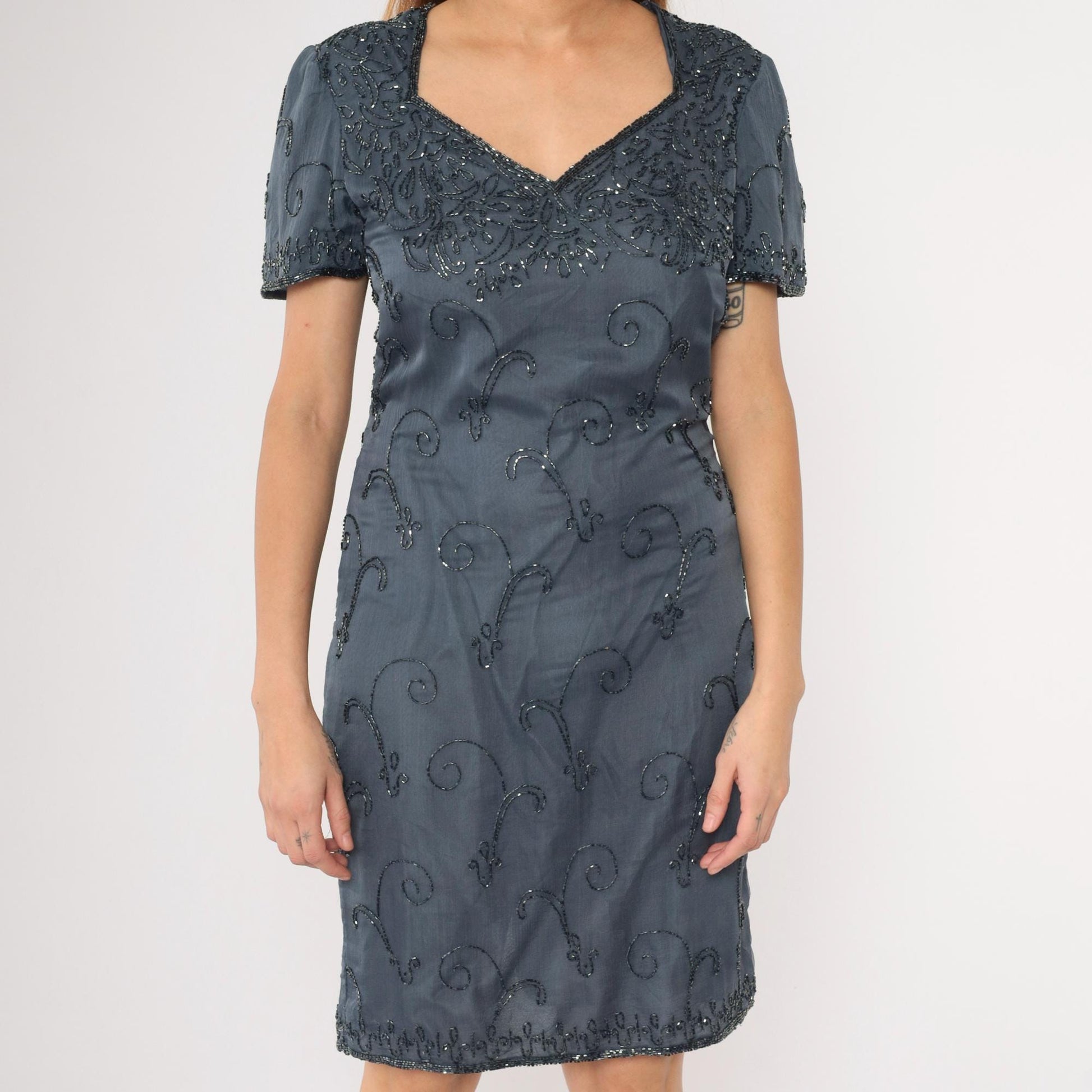 90s JMD New York Grey Silk Beaded Sheath Dress Sweetheart Neckline Small S