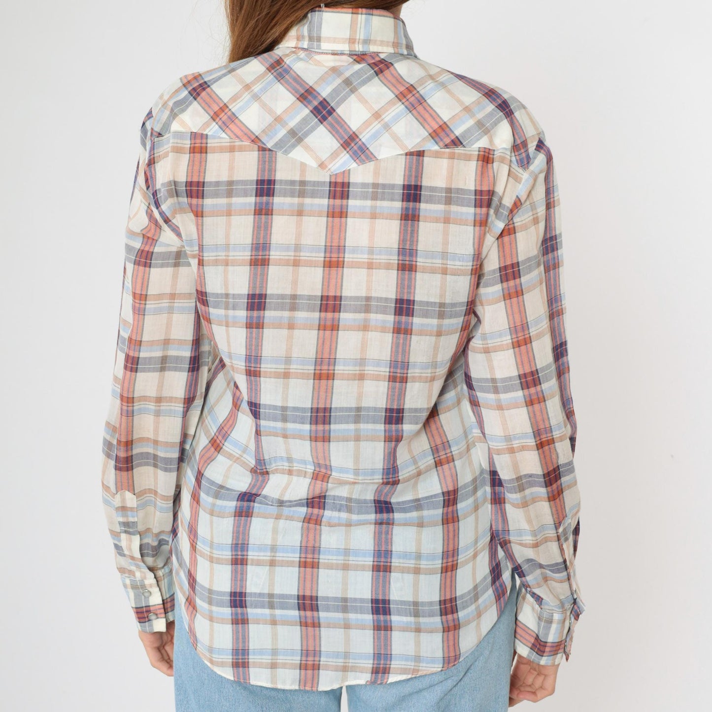 70s Western Pearl Snap Shirt Plaid White Red Blue Dagger Collar Men's Small