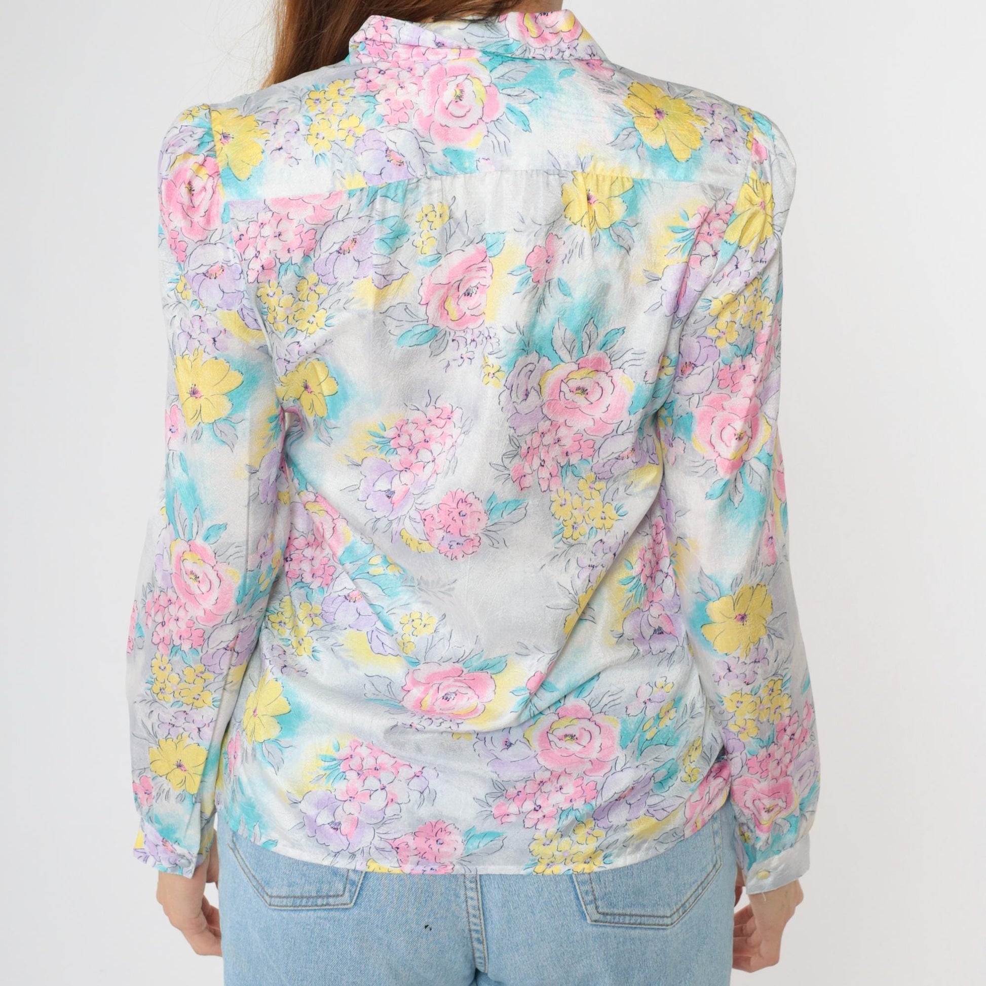 80s Pastel Floral Puff Sleeve Button Up Blouse Pink Lavender Blue Medium