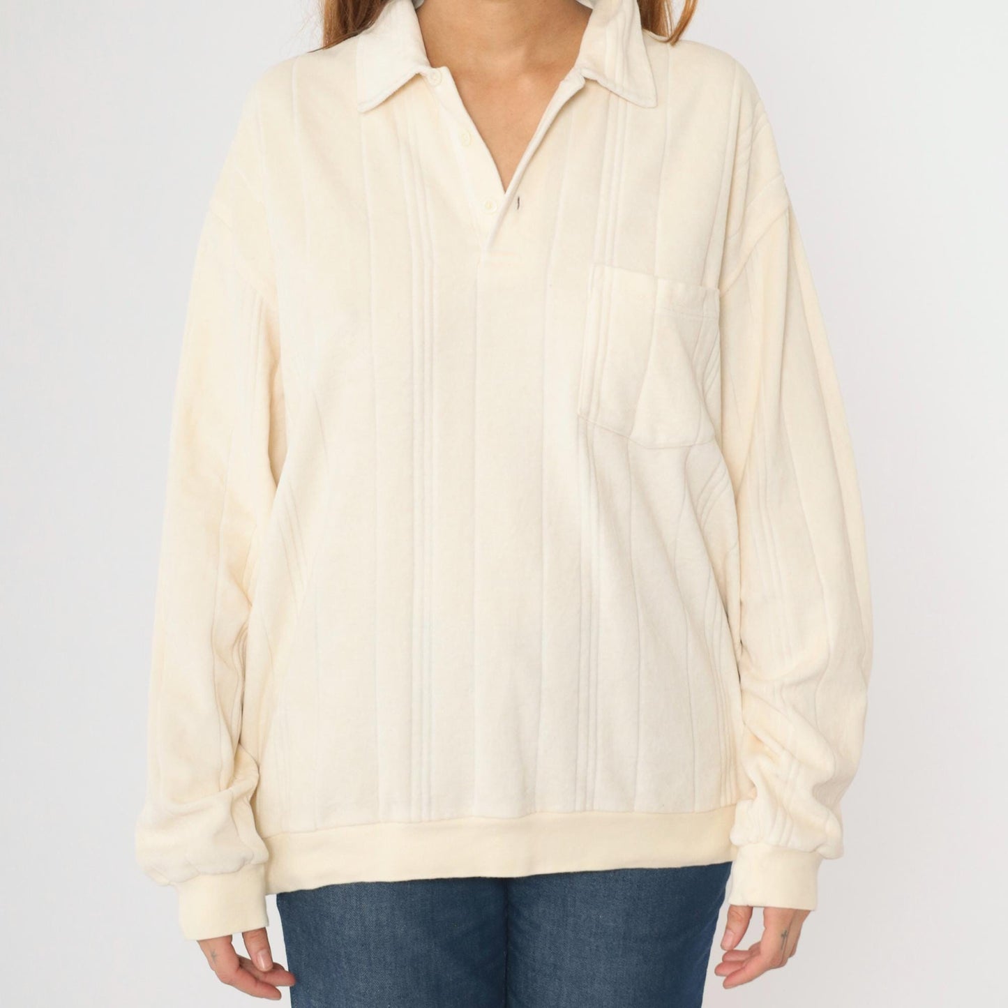 80s Cream Velour Polo Sweatshirt Collared Button-Up Long Sleeve Extra Large