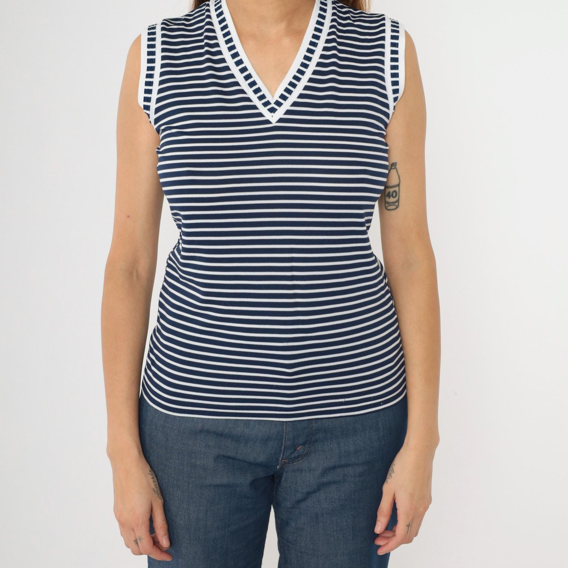 80s Kmart Navy Striped Tank Top V-Neck Ringer Tee White Small