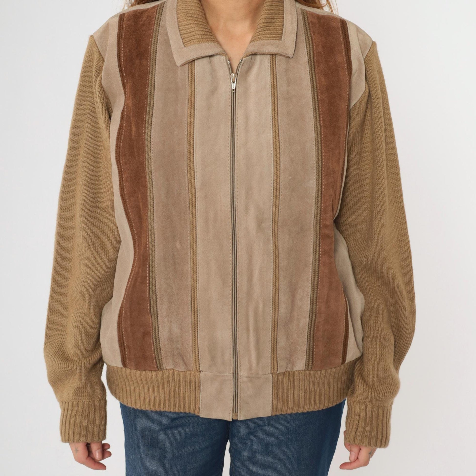 80s Tan Suede Striped Bomber Jacket Brown Leather Zip Knit Large L