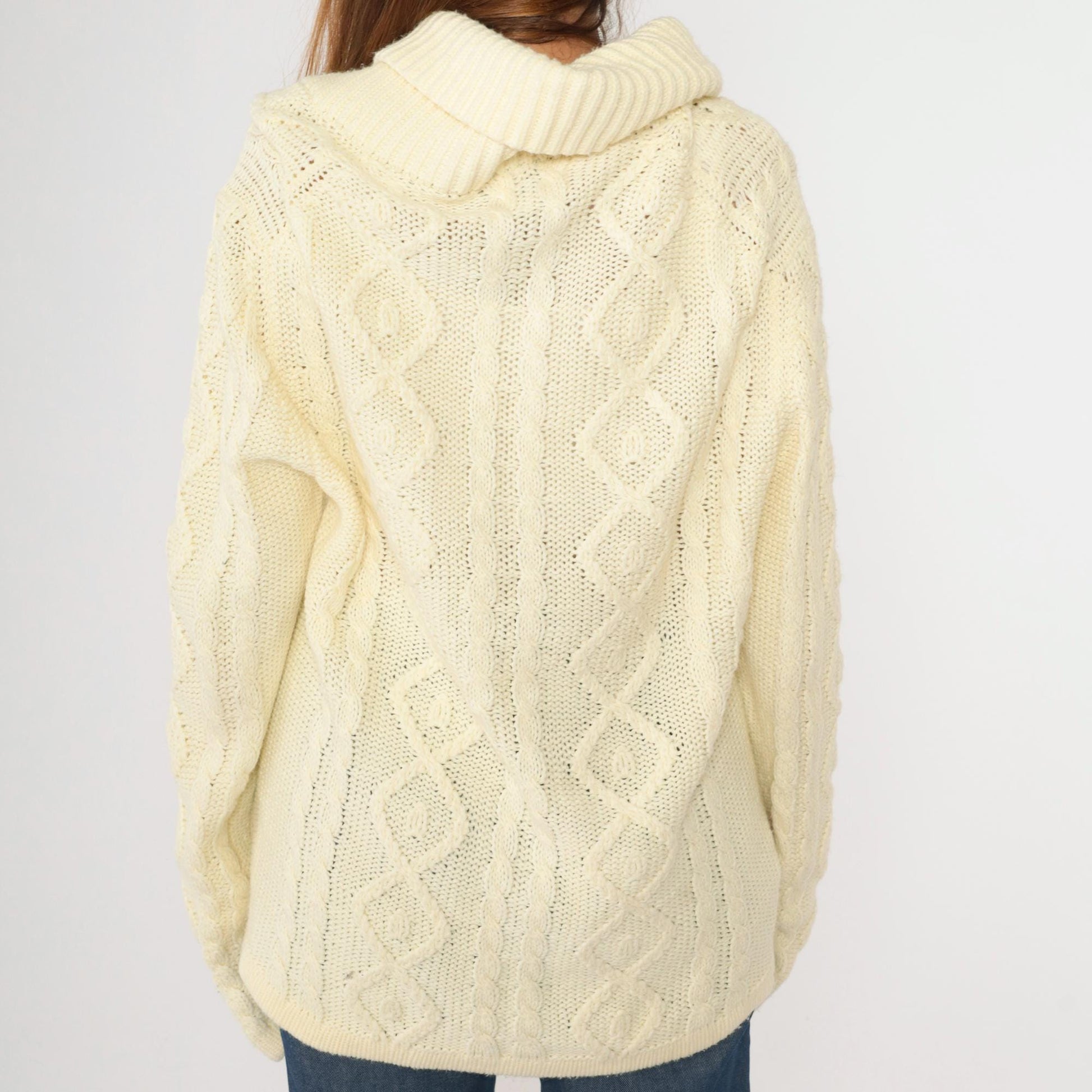 70s Richman Brothers Cable Knit Cardigan Cream Shawl Collar Medium
