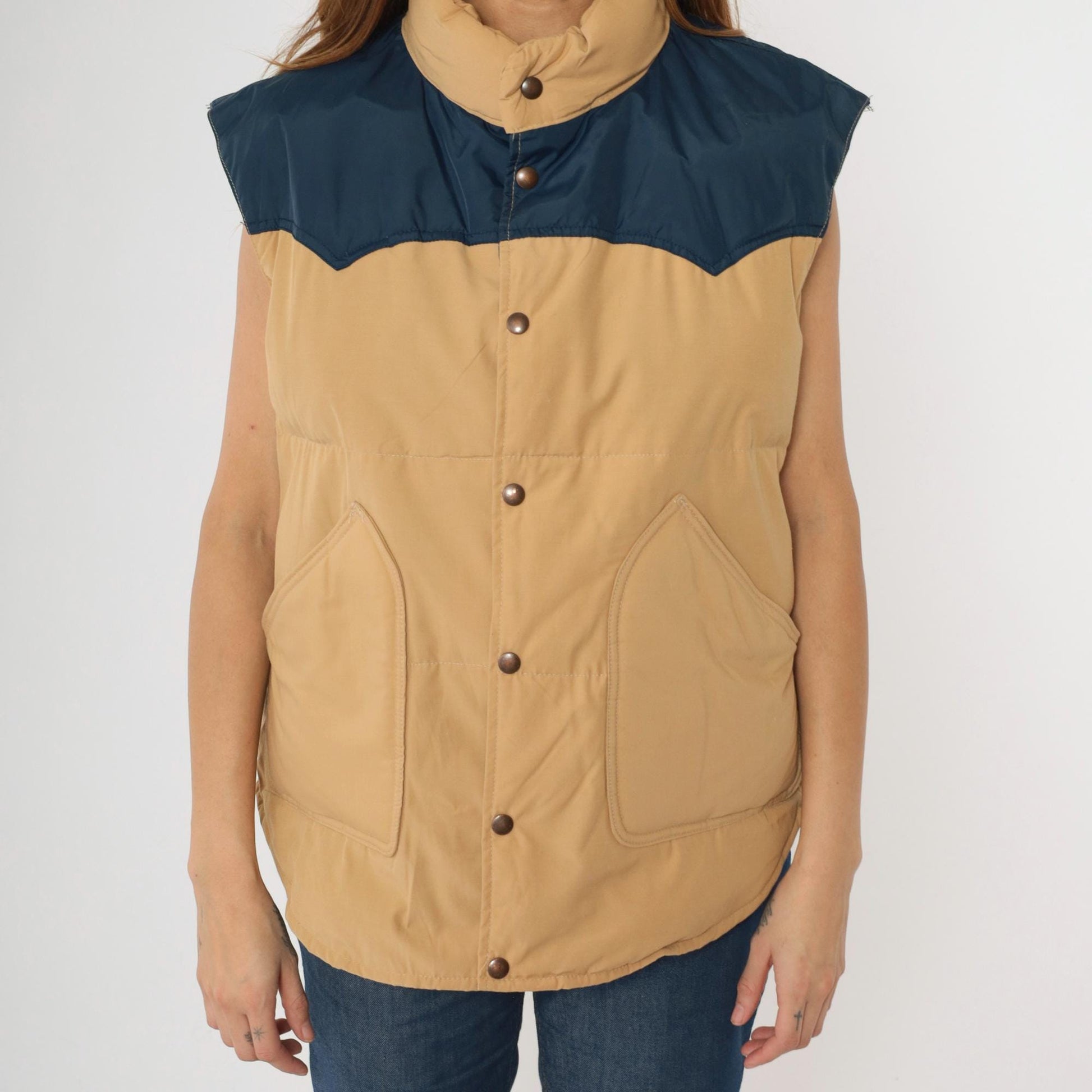 80s Goose Down Puffer Vest Tan Navy Yoke Colour Block Ski Sleeveless Large L