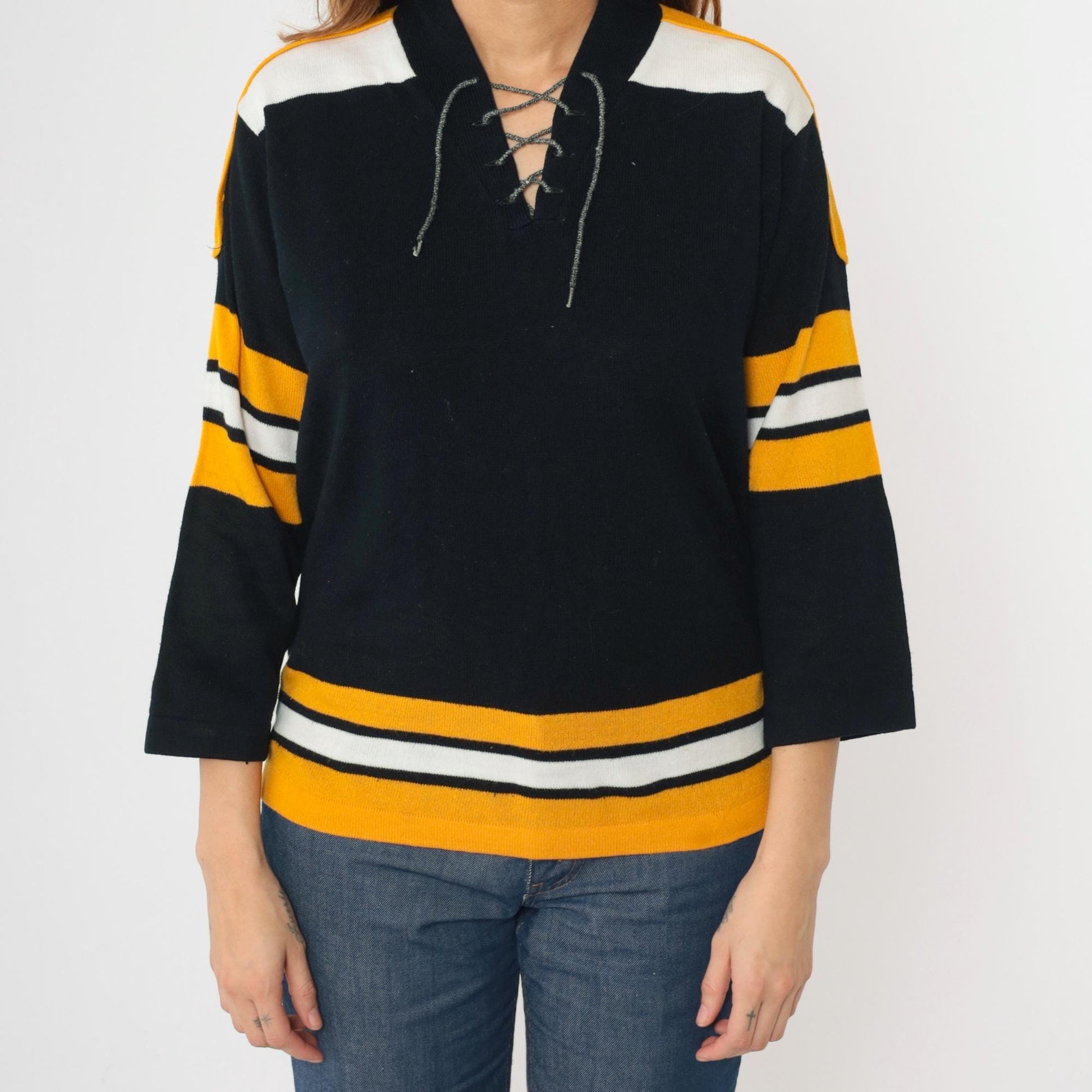 70s Franklin Hockey Jersey Sweater Black Gold Striped Lace-Up Large L