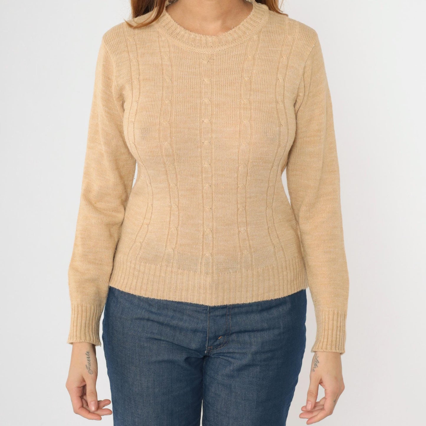 70s Tan Cable Knit Crewneck Pullover Sweater Small S