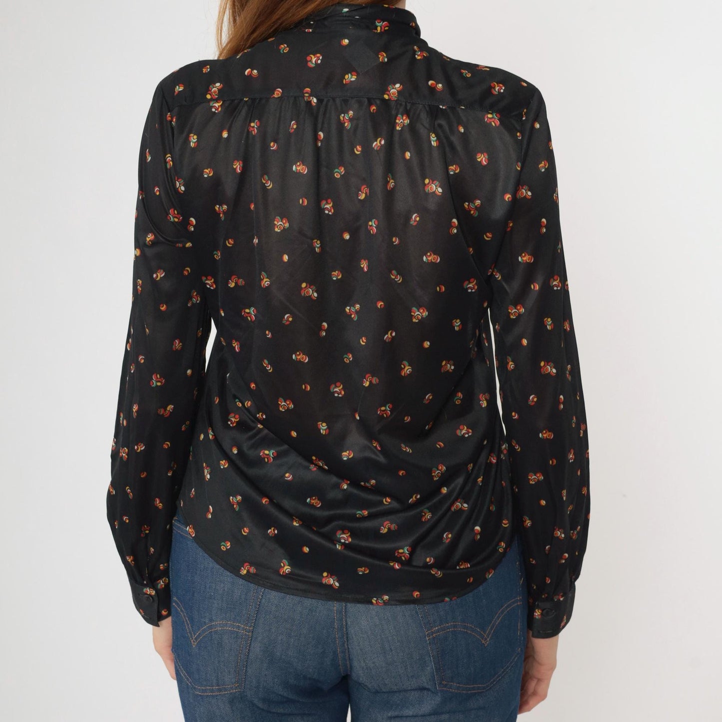70s Black Abstract Sphere Print Button Down Blouse Long Sleeve Pointed Collar Medium