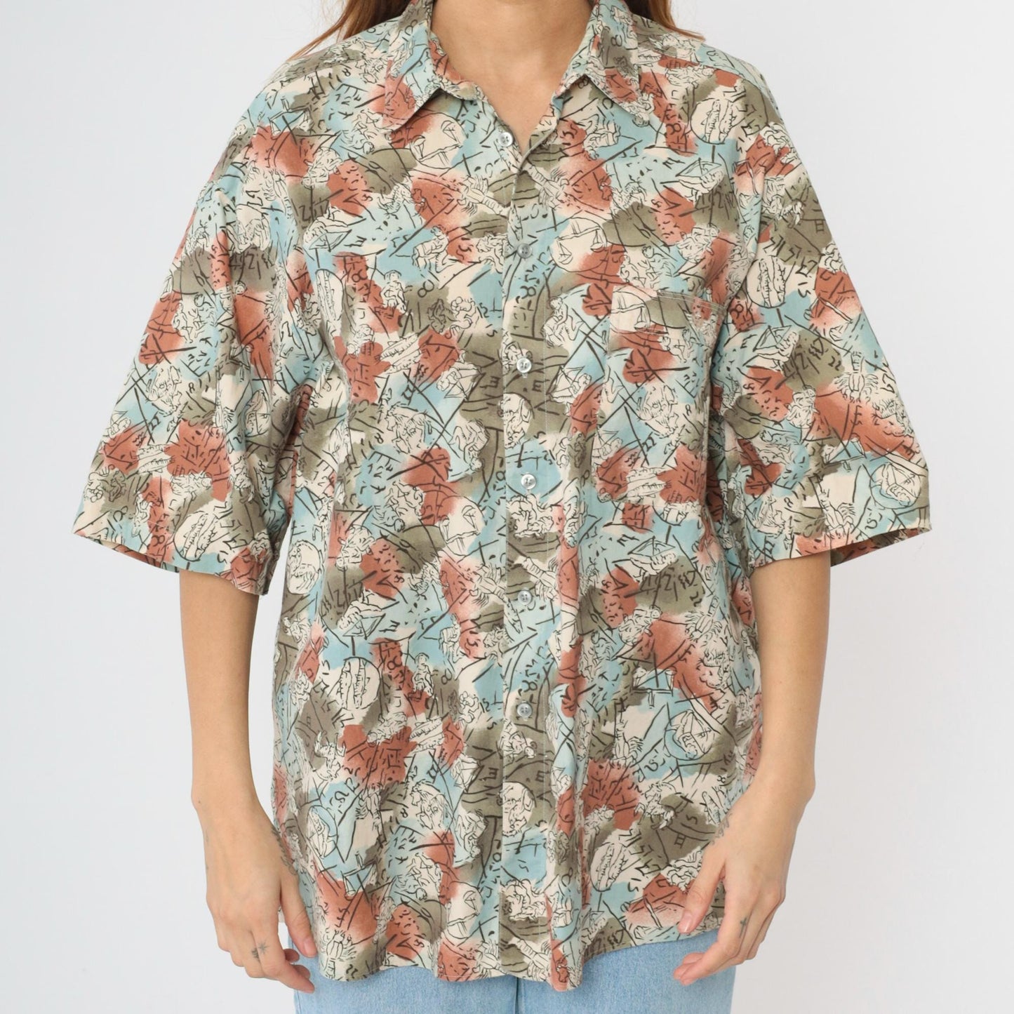 90s Dockers Zodiac Print Button Up Shirt Olive Green Blue Cotton Large L