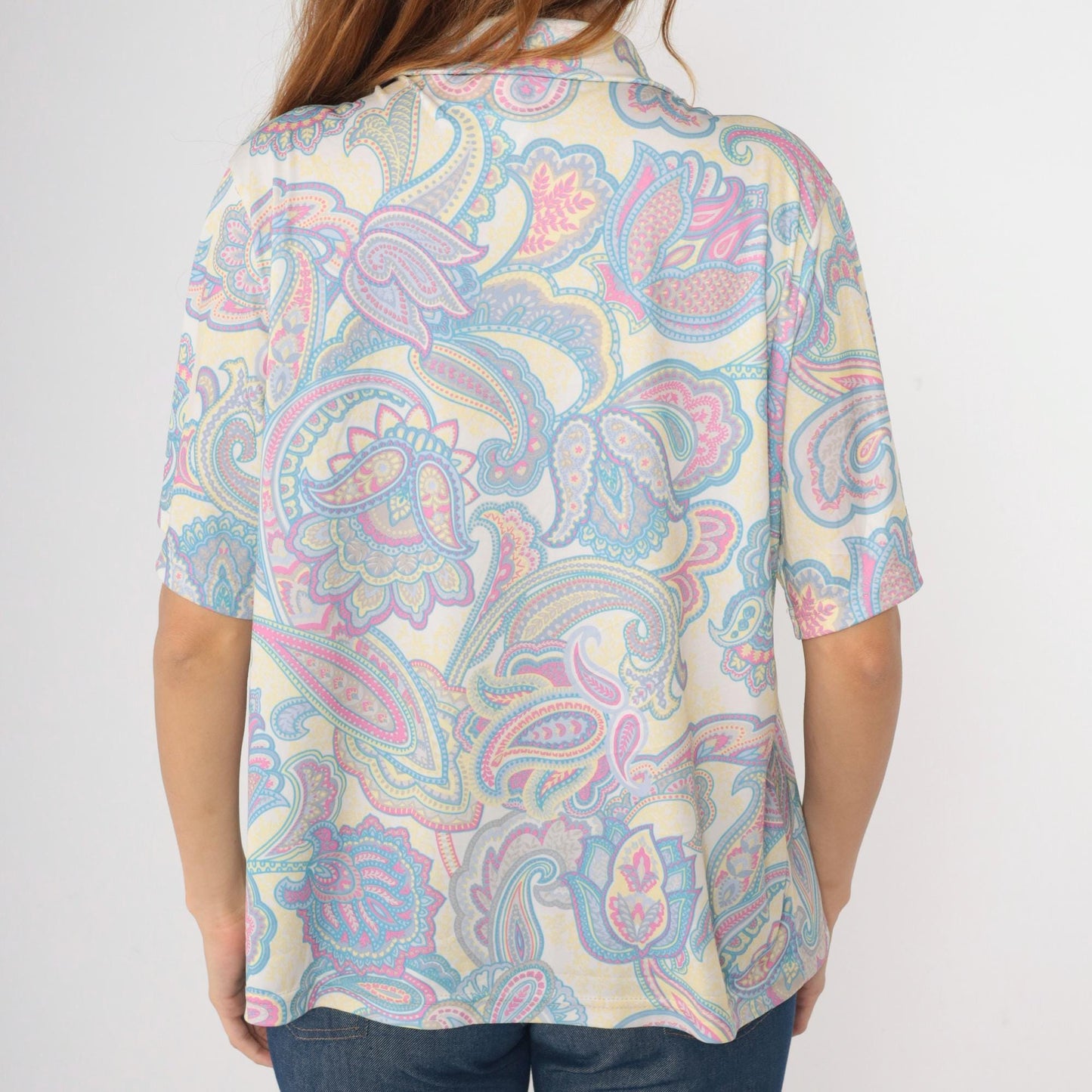 Y2K Paisley Button-Up Blouse Psychedelic Print Short Sleeve Top Large L