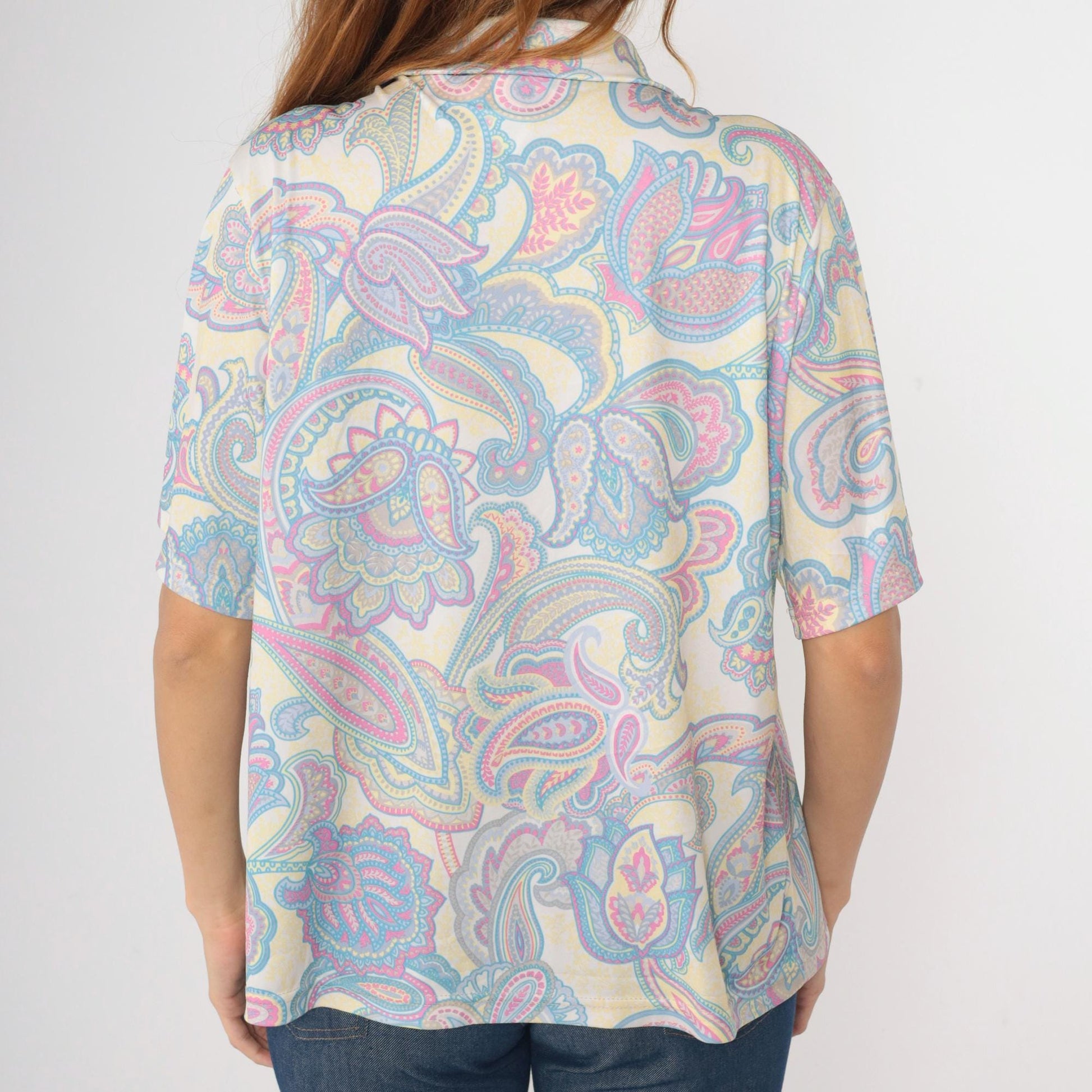 Y2K Paisley Button-Up Blouse Psychedelic Print Short Sleeve Top Large L