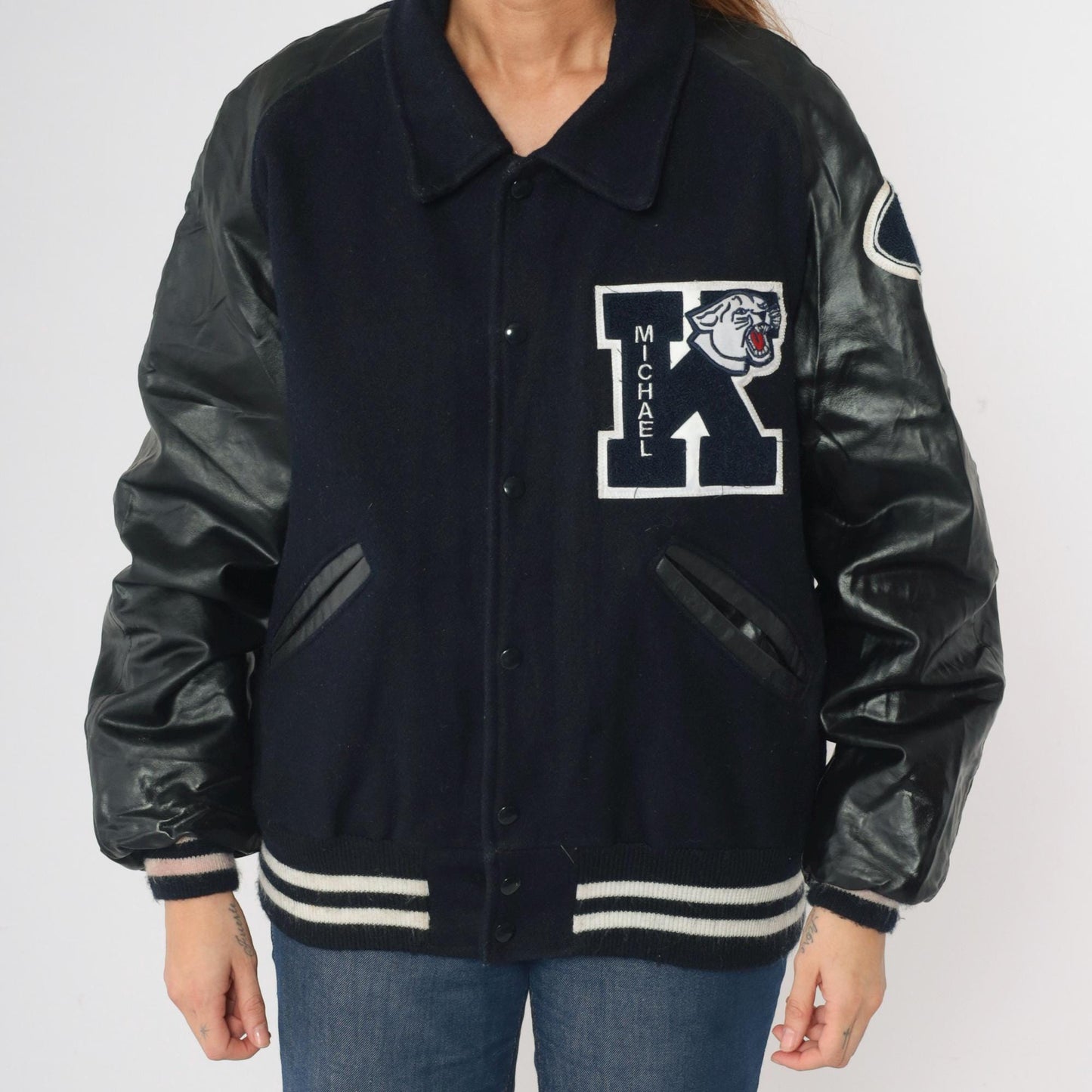 90s DeLong Kimbrough Cougars Varsity Jacket Navy Wool Vinyl Medium M