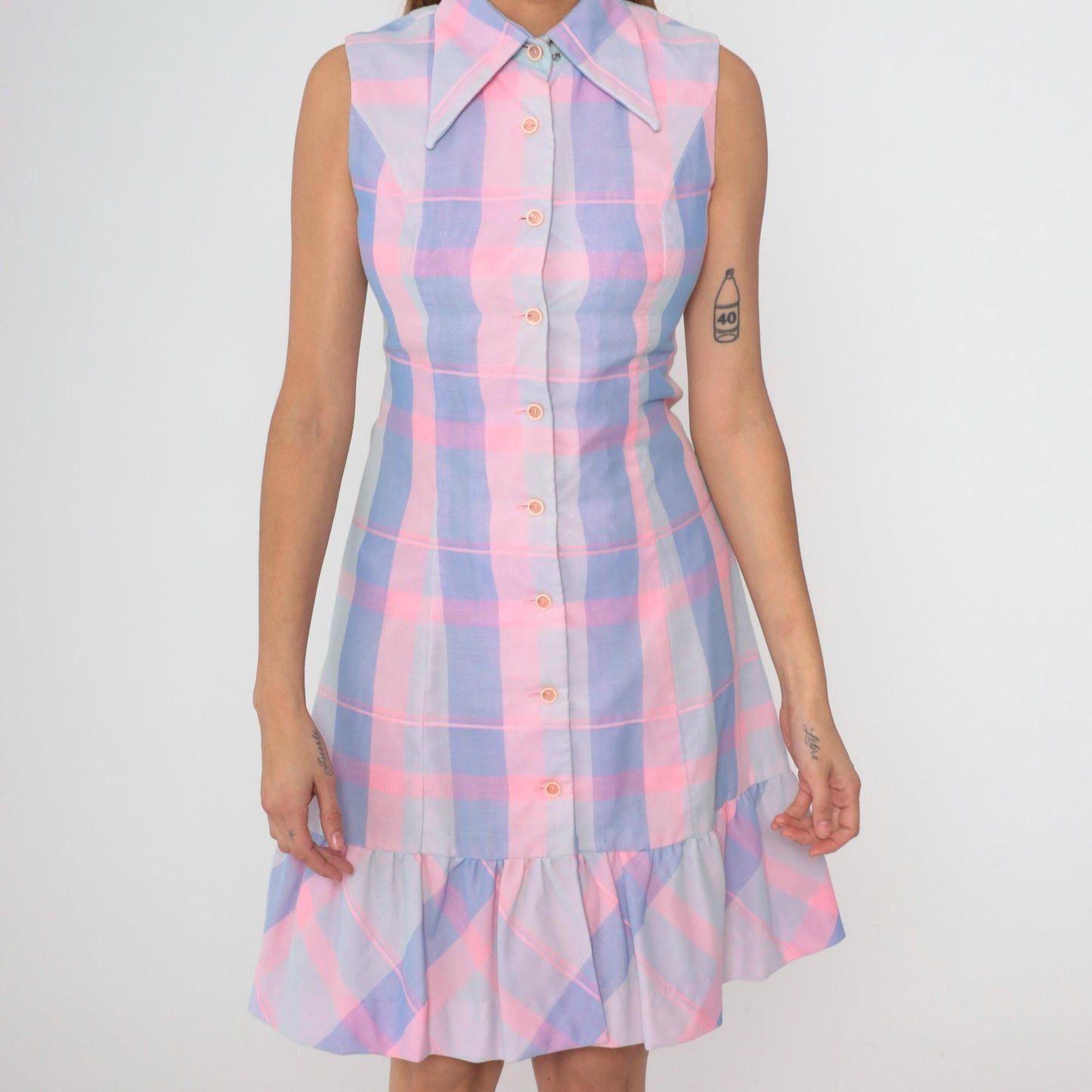 70s Burt Stanley Pastel Plaid Button-Down Dress Dagger Collar Knee-Length Small