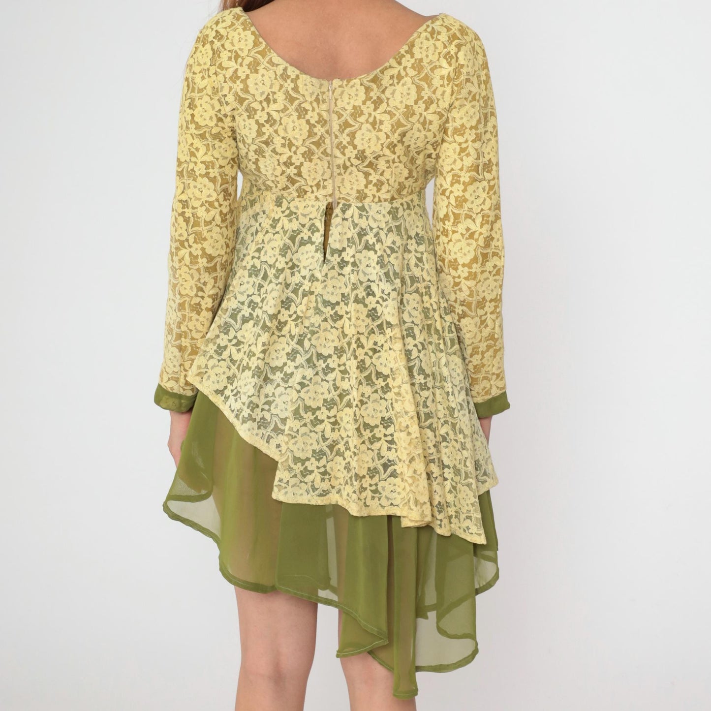60s Yellow Lace Dress Green Sheer Empire Waist Asymmetrical Hem Small Medium