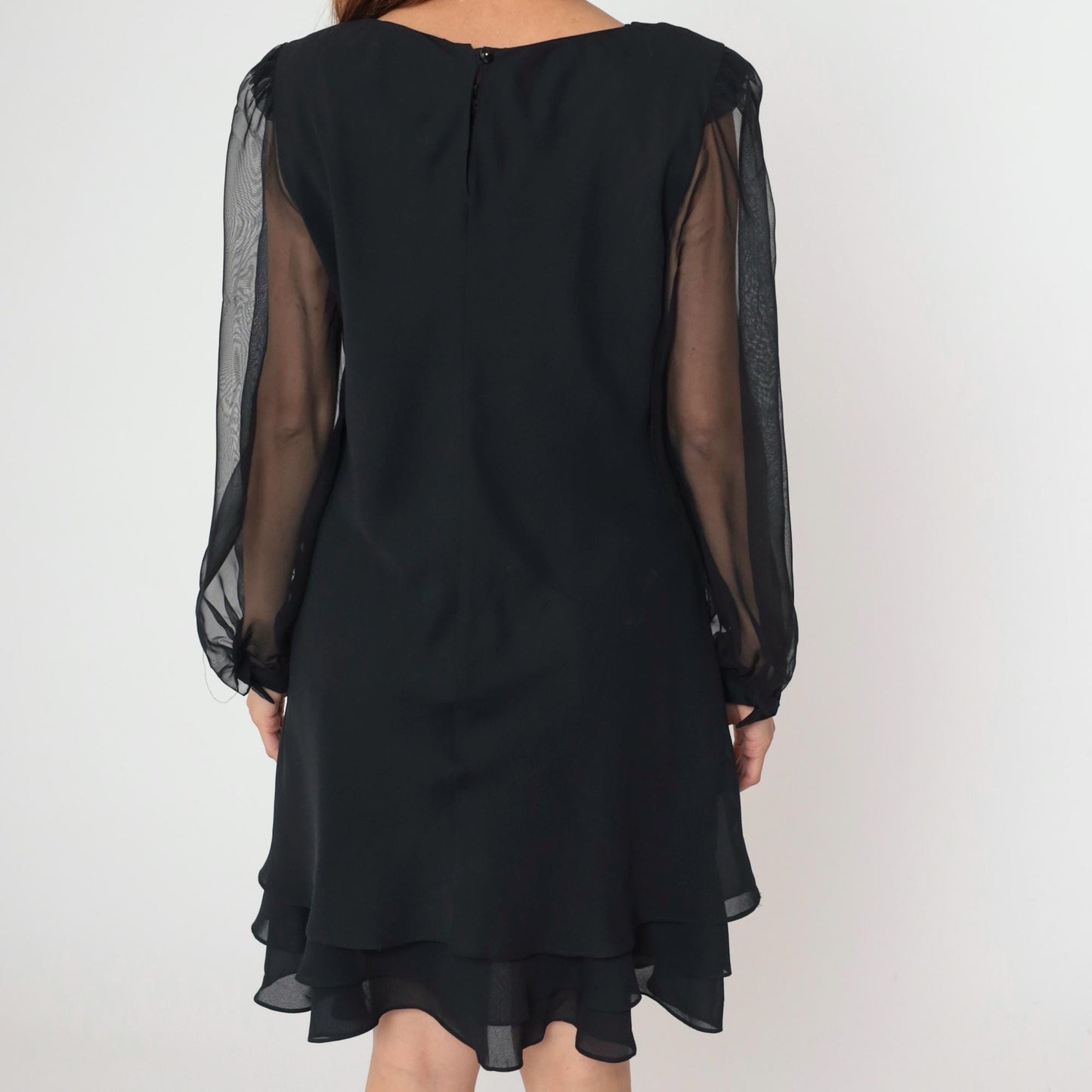 90s Black Chiffon Mini Dress Bishop Sleeve Shift Layered Ruffle Hem Large