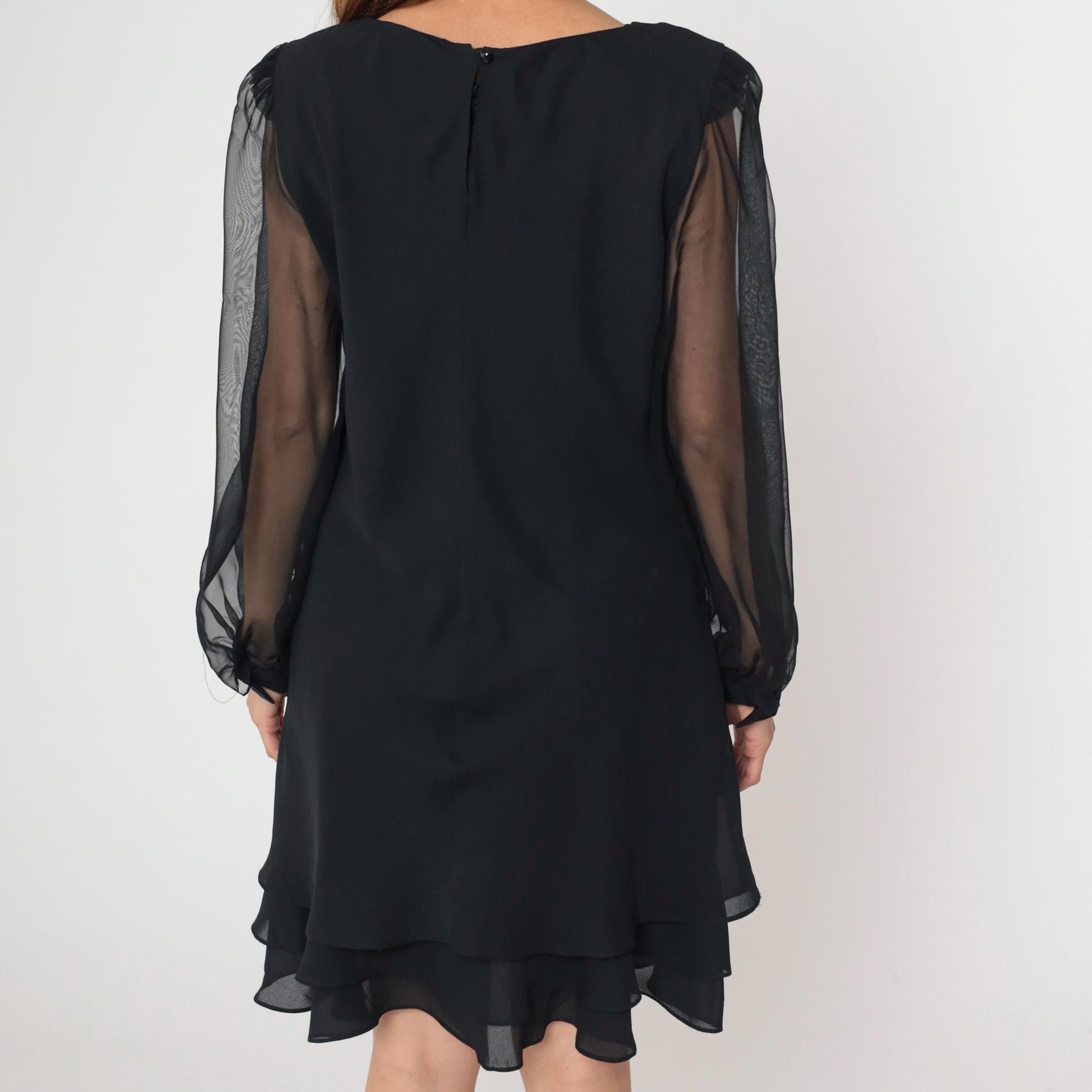 90s Black Chiffon Mini Dress Bishop Sleeve Shift Layered Ruffle Hem Large