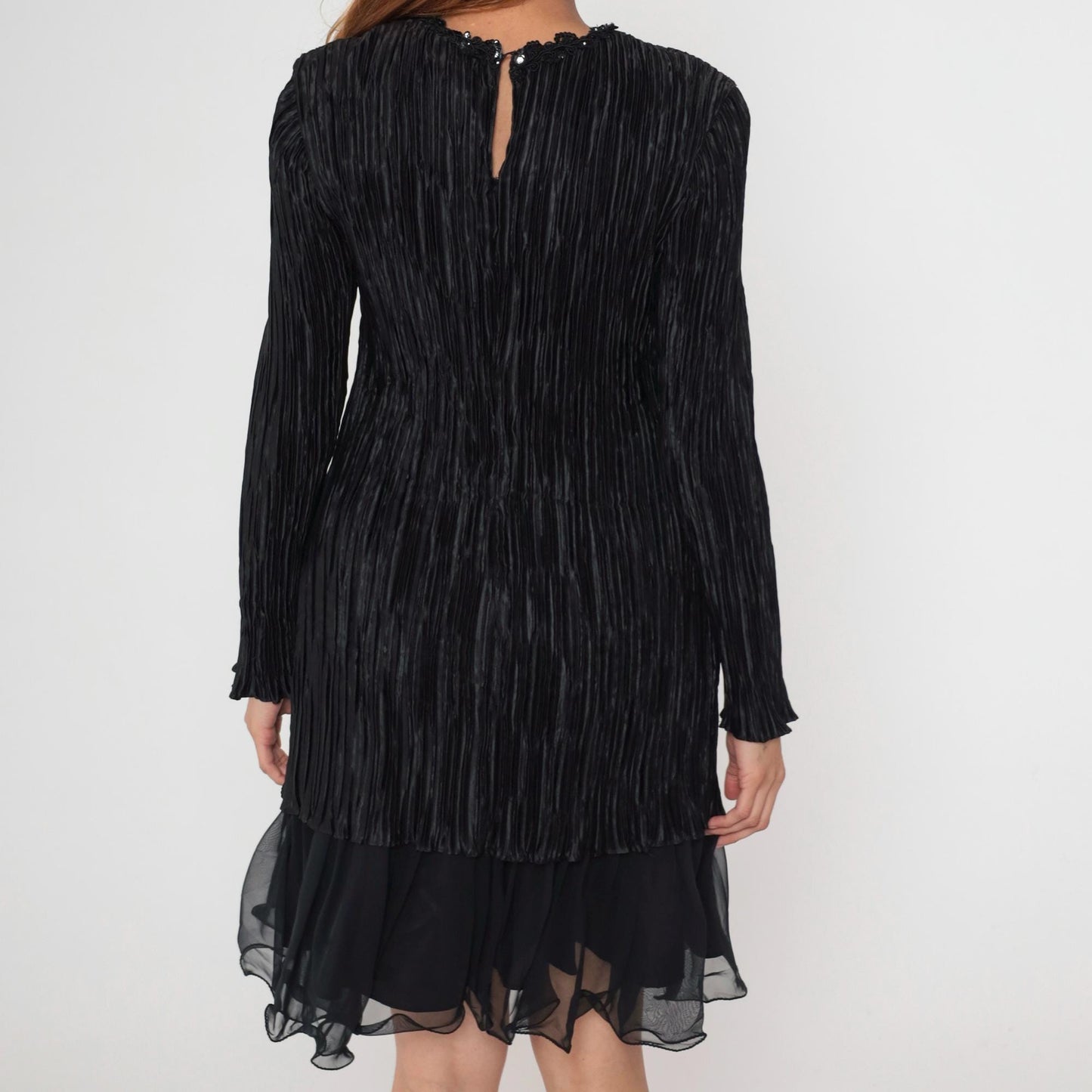 80s Black Crinkle Pleat Dress Sequin Trim Long Sleeve Chiffon Ruffle Cocktail Medium