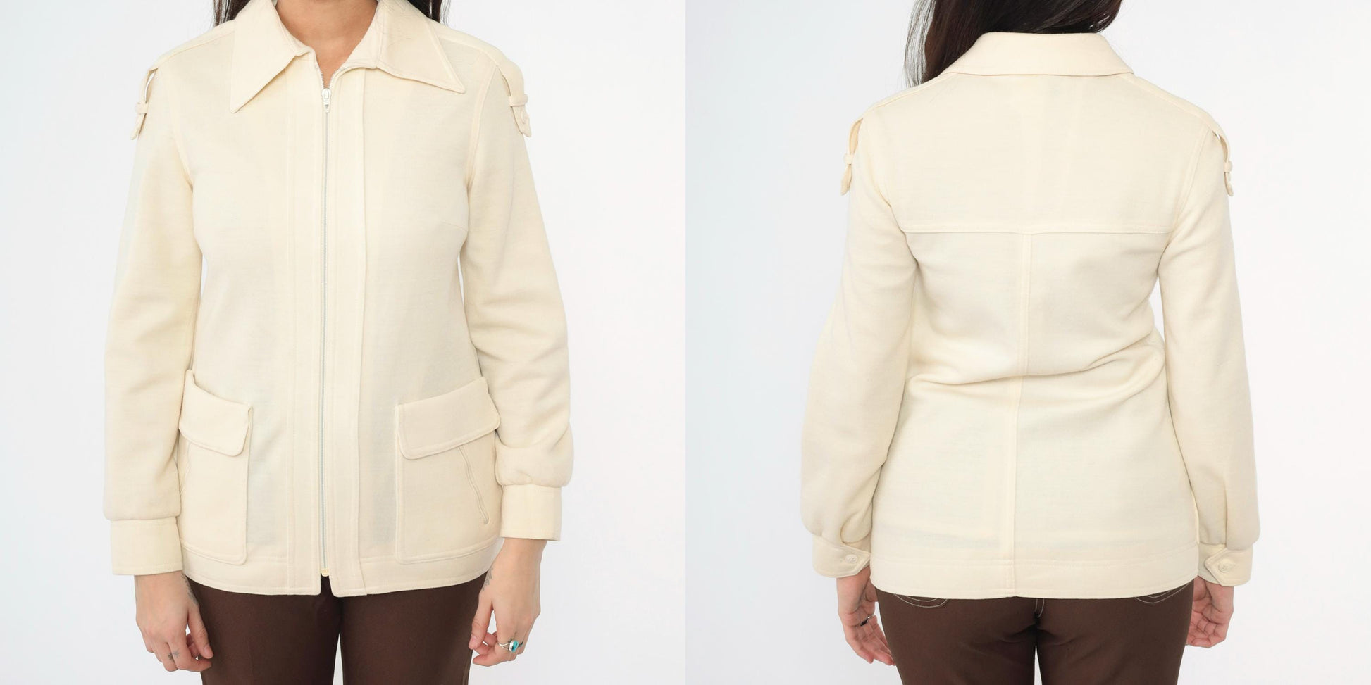 70s Cream Knit Zip Jacket Epaulettes Pointed Collar Small S