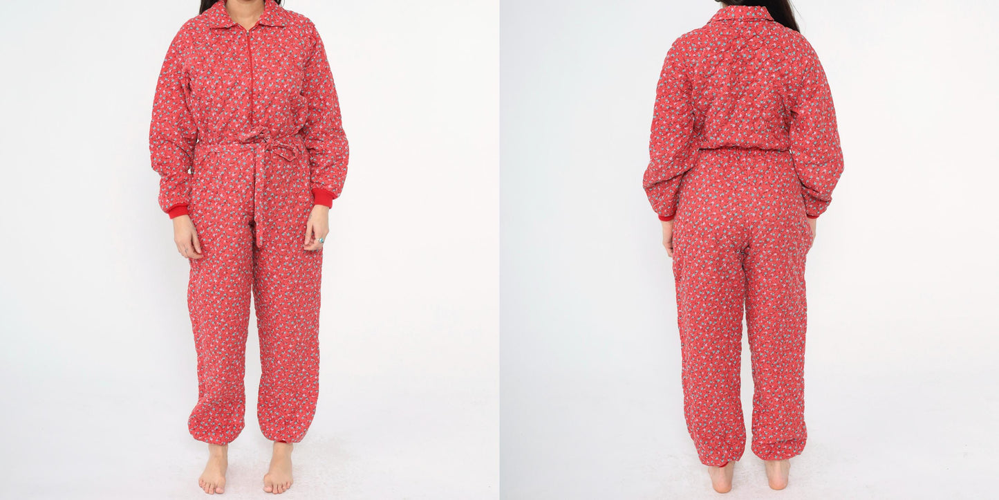 80s G. Caserotti Quilted Floral Jumpsuit Red Calico Raglan Pajama Medium Large