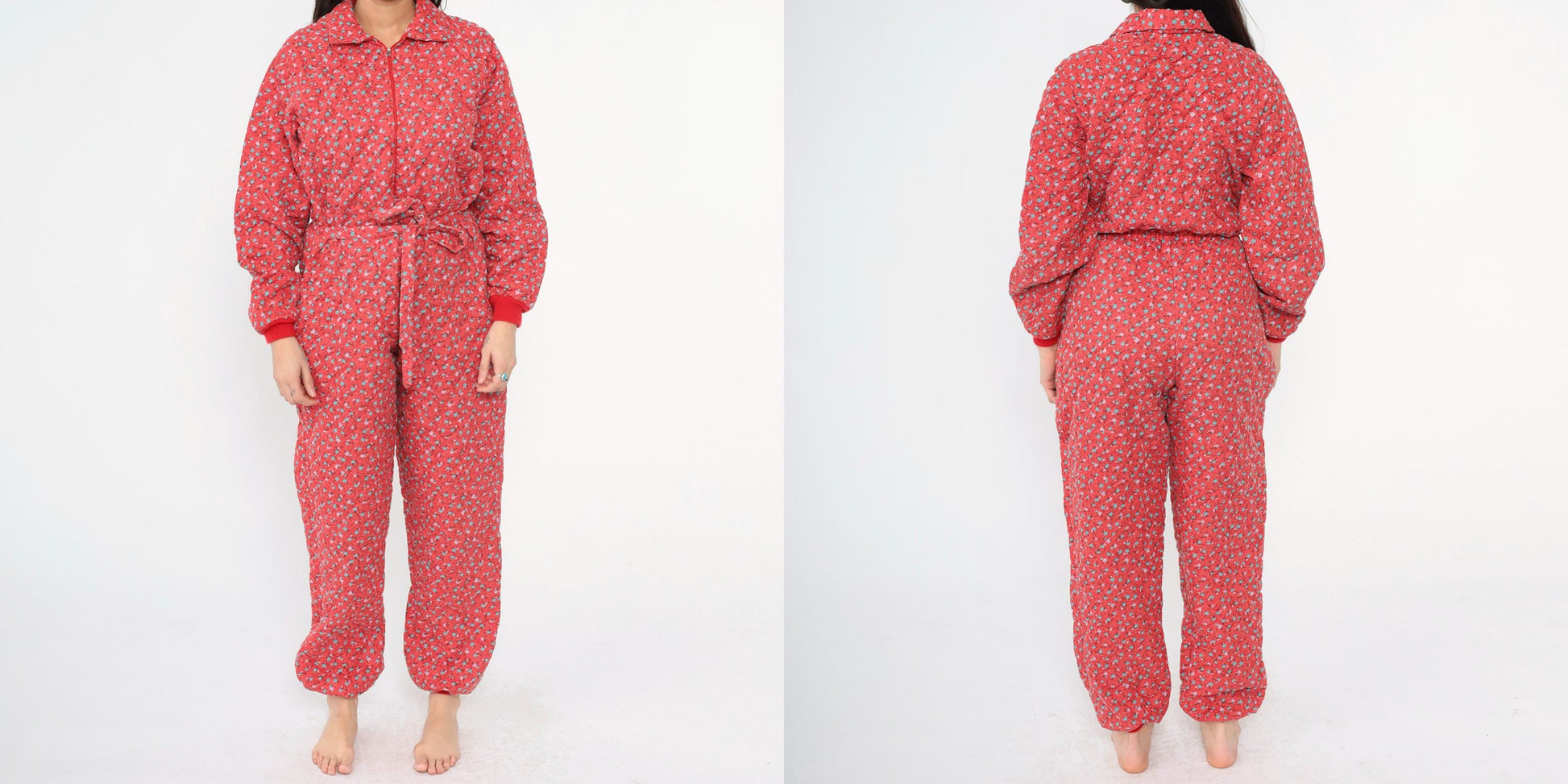 80s G. Caserotti Quilted Floral Jumpsuit Red Calico Raglan Pajama Medium Large